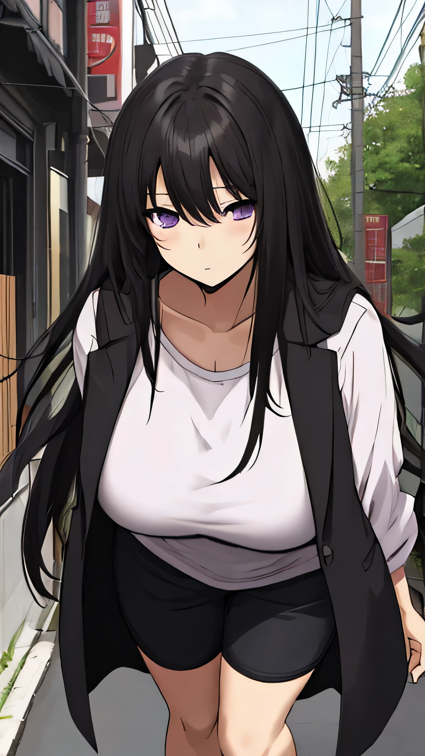 1girl, solo, long hair, black hair, straight hair, very tall, purple eyes, adult, mature, casual clothes, fit body, quiet expression, standing, fullbody shot