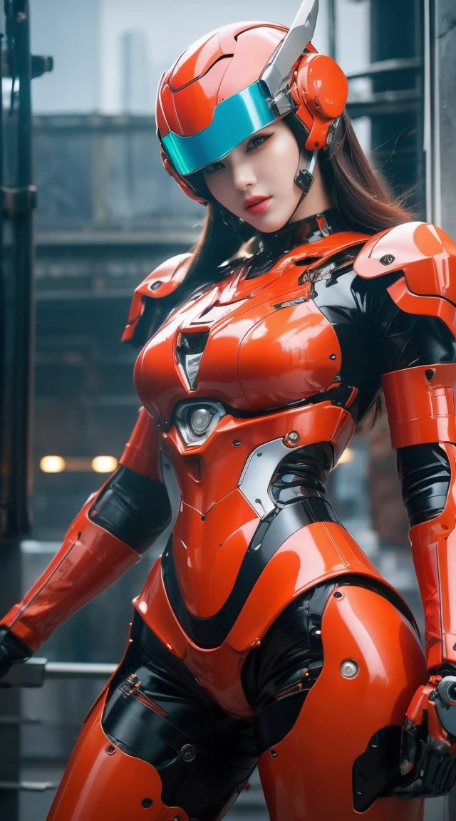 Realistic picture 8k,Masterpiece,Highest quality,Maximum details,anatomy,hips up,Perfect dynamic composition,Bright natural light that is easy on the eyes,1 girl,Long brown hair, heat phone and sunglasses,
alone,Full body tattoo,In a cybernetic suit red colour, with a warrior and big guns,In the background, a large machine is in ruins...
