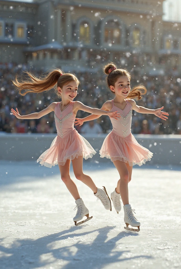 SFW, ExtremelyDetailed (((Ice Skater Kids Group in a row:1.4))), Childish perfect face, Reflective Eyes, Detailed(Delicate Clothing textures), Corrected Leg to Foot Line, Corrected Perfect Hand, Dynamic Joyful Expressions LifeLike Rendering, ((Specular Reflection:1.11)), TopQuality 8K Ultra-detailed masterpiece (ProfessionalPhoto:1.37)(Acutance:0.8),(Luminism:1.22),