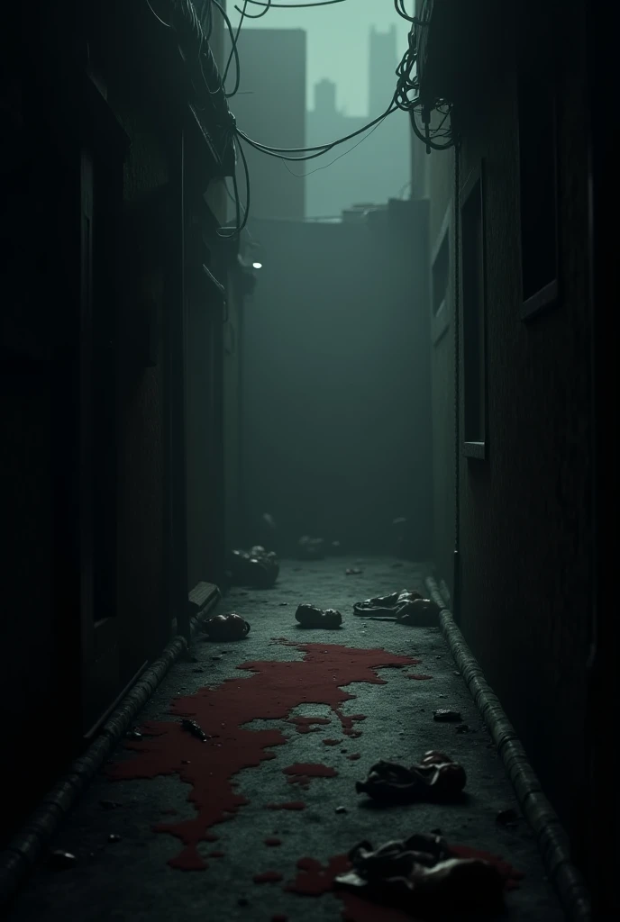 There is a photo of a dirty building， Ground reflection，tiles，Bloody + concept-art, horrific background, riot background, Horror environment, eerie nostalgic concept art, Corpse floor, post apocalyptic background,