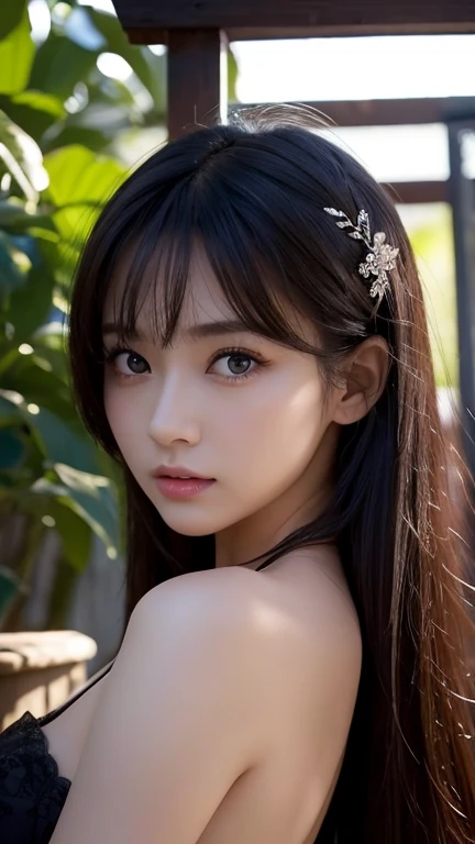 最high quality, masterpiece, High resolution, 1 girl, Porcelain dress, hair accessory, necklace, jewelry, beautiful face, On the body, Tyndall effect, realistic, Dark studio, edge lighting, two-tone lighting, (high detail skin: 1.2), 8k UHD, Digital single-lens reflex camera, soft light, high quality, volume light, Frank, photograph, High resolution, 4k, 8k, background blur,