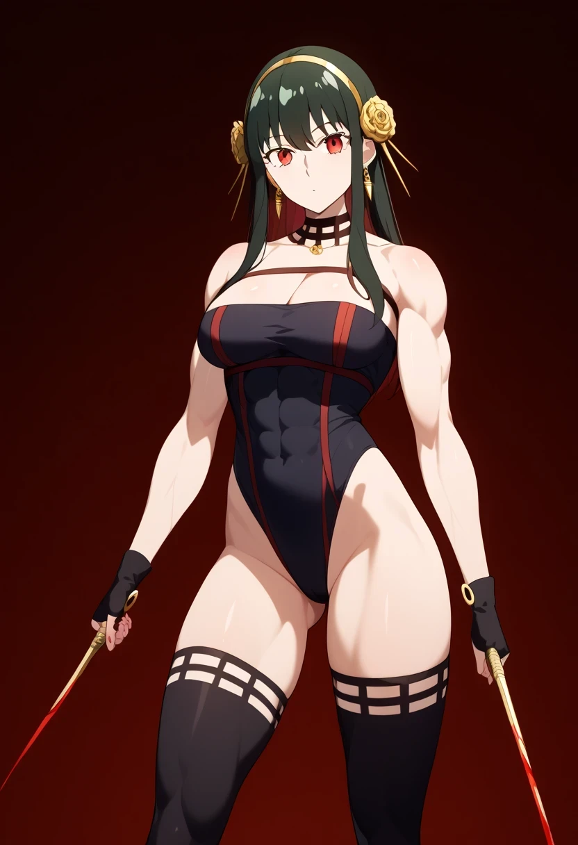 score 9 、score 8 up、score 7 up、score 6 up、score 5 up、score 4 up、source anime、masterpiece、Highest quality、high resolution、high image quality、1woman、aa yor、Alone、 black hair、long hair、sidelocks hair、red eyes、gold hairband、hair flower、earrings、Big Breasts、cleavage、very big breasts、collarbone、deltoids、anterior deltoids、middle deltoids、posterior deltoids、covered midriff、covered abs、covered stomach、biceps、biceps long head、biceps short head、triceps、triceps medial head、triceps long head、triceps lateral head、brachioradialis 、thigh muscles、tall woman、toned body、Strong muscles、black choker、むき出しの肩、Bare Arms、Bare Crotch 、black leotard、black gloves、fingerless gloves、strapless leotard、leotard sleeve with an no sleeves、leotard crotch with an high leg cut、black thighhighs、high leg cut、anime screencap、、standing、cowboy shot、night、street、blood on face、blood on clothes、dual wielding、holding weapon、fighting stance、expressionless、
