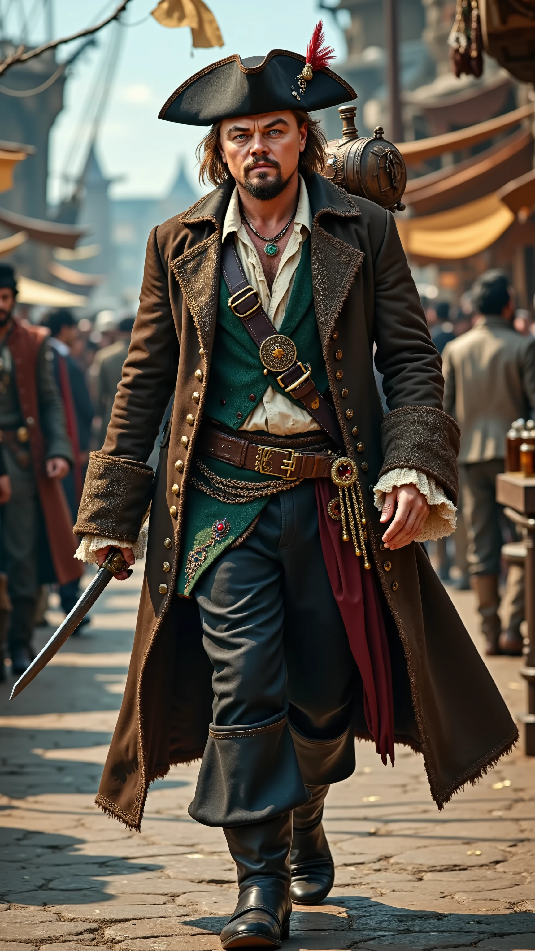 Leonardo DiCaprio reimagined as a pirate walking and holding two daggers、dramatic atmosphere, 1 male、
Shoulder-length, wavy blonde hair, a well-groomed beard, and piercing blue eyes. A wide-brimmed dark brown tricorn hat, adorned with gold embroidery and a deep red feather, sits atop his head.
He wears a long, weathered deep brown pirate coat with frayed edges, gold-stitched lapels, and tarnished brass buttons. The coat is unbuttoned, revealing a dark green brocade vest over a loose, slightly torn white linen shirt, with wide cuffs extending past the coat’s sleeves, the lace edges subtly worn. A thick black leather belt with an oversized golden buckle secures his waist, with a second belt slung diagonally across his chest, holding a small dagger in a jewel-encrusted sheath. His dark leather trousers, reinforced with stitched patches, are tucked into knee-high black leather boots with thick folded cuffs, decorated with silver buckles and showing scuffs from years at sea.
His fingers are adorned with multiple rings, each set with emeralds, sapphires, and rubies. Resting on his right shoulder is a small wooden rum barrel, its surface reinforced with iron bands and a corked spout dripping slightly. His left hand grips the handle firmly, his stance steady as if carrying the weight effortlessly. A long gold chain with a medallion dangles from his neck, reflecting the sunlight.
,shows his male character's full figure, athletic body, perfect face, full body, extremely beautiful, god, male shape, perfect anatomy, The background features a bustling pirate tavern on a dockside. Rough wooden tables overflow with gold coins, playing cards, and half-empty bottles of rum. Blue sky, sunny day, photorealistic, masterpiece, realistic, high contrast, 8k, HD, high definition detailed, detailed, hyper detailed, realistic skin texture, best quality, ultra high resolution, hyper realistic, no text, very detailed eyes, dramatic lighting