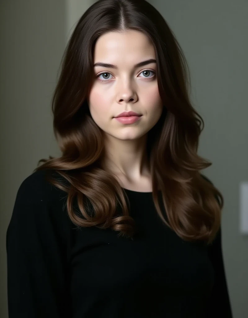 Foto RAW, Una foto de Elizabeth Gillies con una mirada molesta en su rostro, con un vestido de noche negro, labios fruncidos , corte de pelo largo, Pale skin, cuerpo delgado, (Piel alta y detallada:1.2), 8k UHD, DSLR, Soft lighting, alta calidad, Film grain, Fujifilm XT3