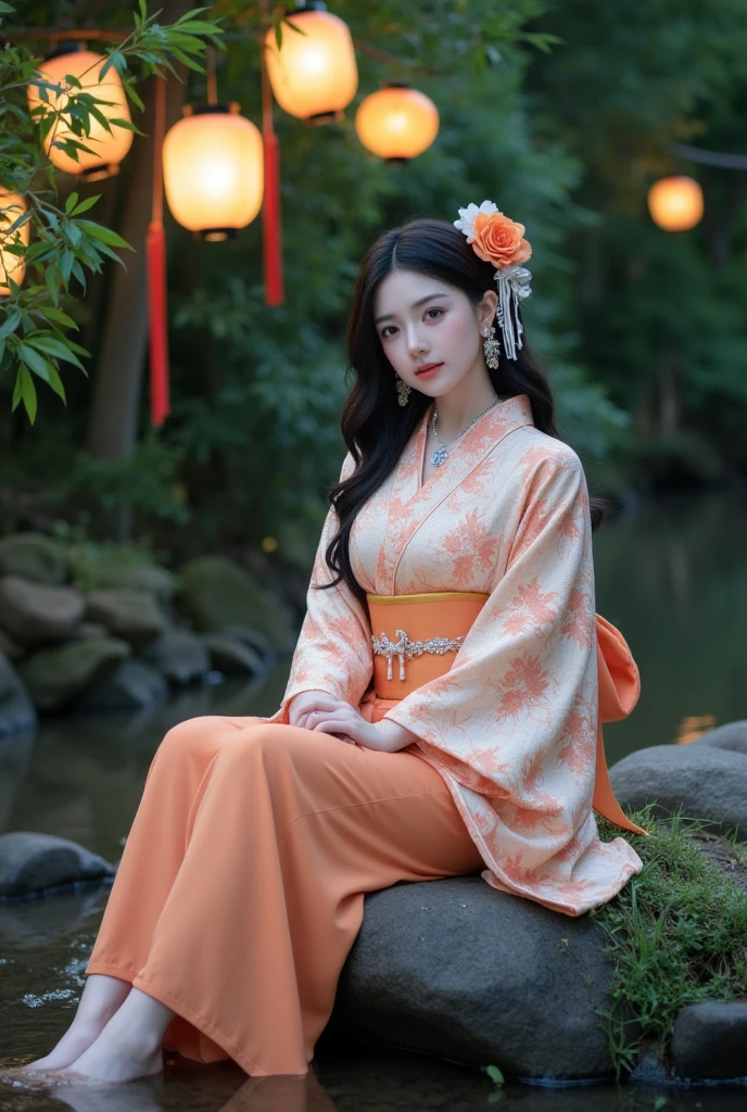 mysterious, giant eastern dragon behind a girl, solo, black hair, chinese clothes, closed mouth, dress, flower, full body, hair ornament, hanfu, holding, jewelry, long hair, long sleeves, sit, sitting on the ground, solo, nature, white dress <lora:offset_0.2:1>