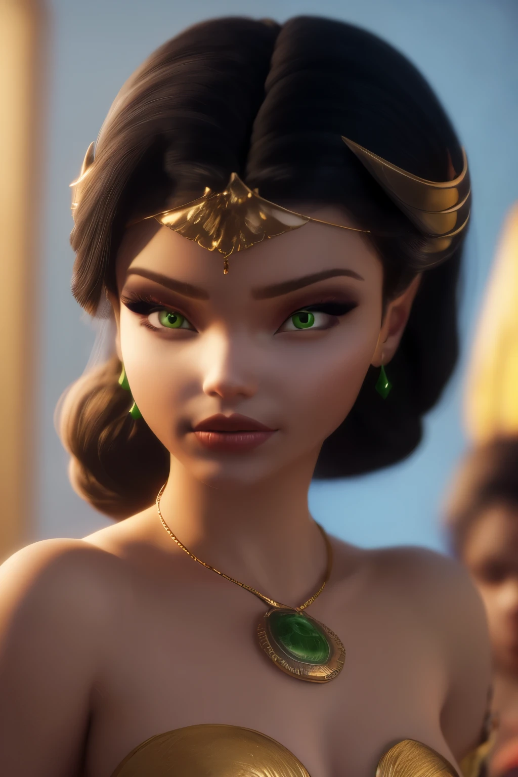 hyper realistic portrait shot of a beautiful egyptian queen, looking down proudly on the camera with her expressive green eyes, tanned skin tone , thin nose , black braided bob hair with golden accessories and jewelries , wearing a white see tough dress