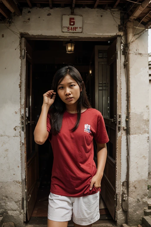 a south-east asian girl, age 30 years old, standing in the living room, smiling. wearing red home casual clothes with shorts. looking at the viewer. high resolution. ultra-realistic.
