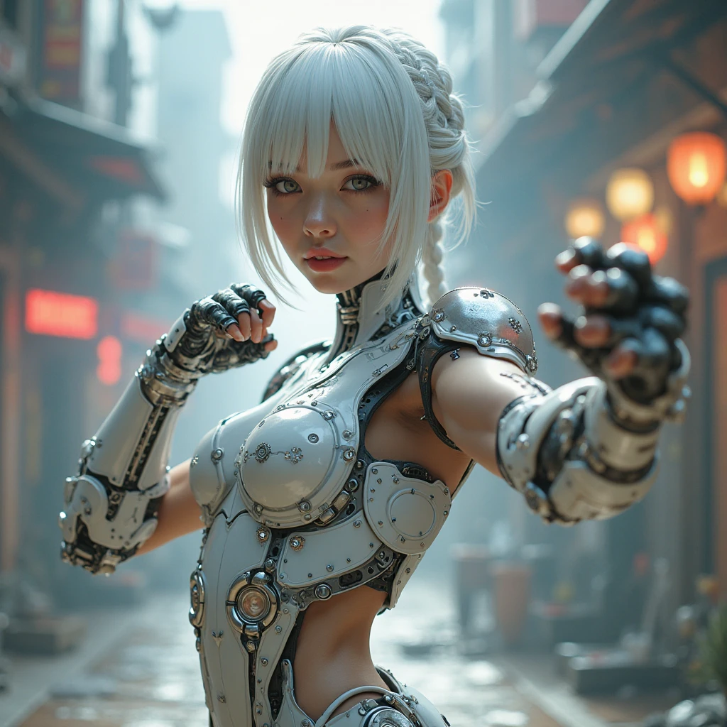(masterpiece:1.2), (best quality:1.2), newest, intricate details, AI-generated, perfect , petite body, small , sheer, realistic, photo realistic, beautiful android girl, detailed mechanical parts visible, flower design silver trim on mechanical parts, fighting stance, fighting, mechanical brass knuckles, spiked knuckles, punching, half breaking, cyberpunk, white short hair, braid hair  -upscale -