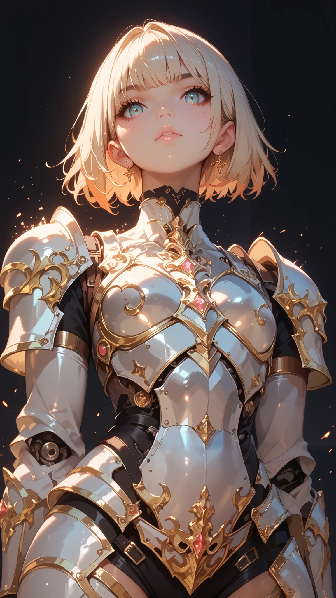 anime girl , organic armor cyborg 、 nice body curves, Knight in armour, showing off his figure , View from below, Sexy Posing , simple dark background.Armor Texture