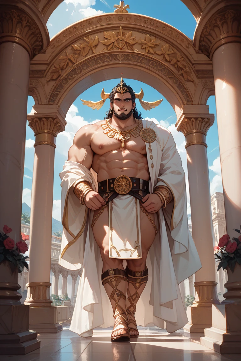 Poseidon Knife,a Greek god with hair and a long brown beard with some white strands,He has a tridnet in his hands,high evening,stark,full of thick and huge muscles,male from male,wearing ancient Greco-Roman vestments, he will be sexually embracing the goddess Aphrodite ,A GREEK GODDESS, with blond hair,beautiful face and body and green Greco Roman costumes that leave her body semi naked, she will be in the roast chicken sexual position,the two of them are in a forest with Greco Roman architecture