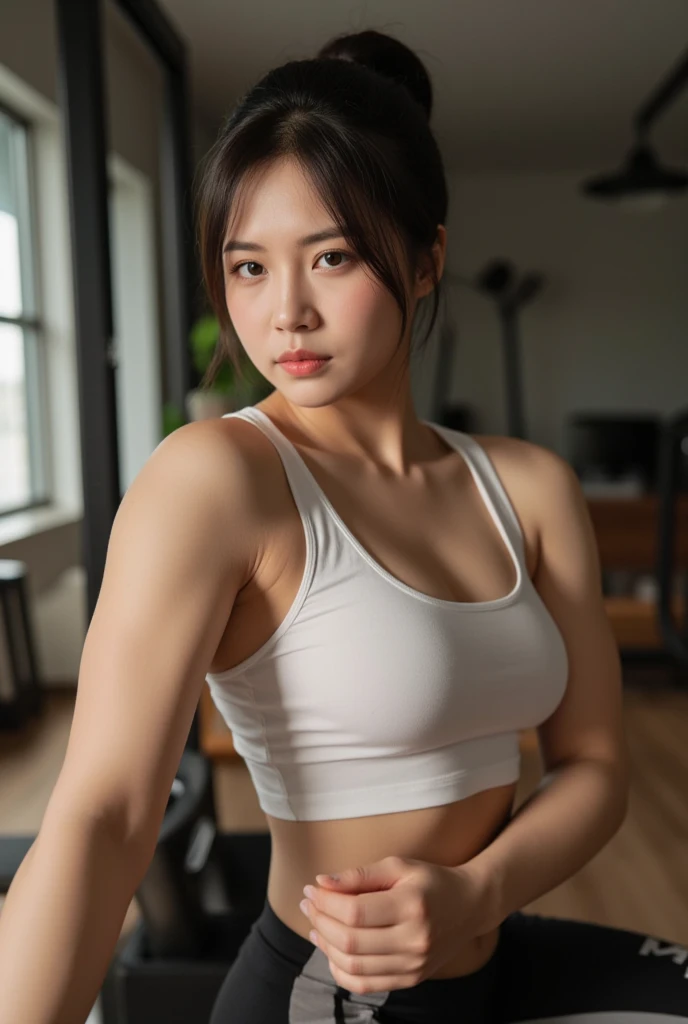 best quality, 8k, highly detailed face and skin texture, high resolution, big tits japanese girl in sports bra and yoga pants at gym, full body, sharp focus