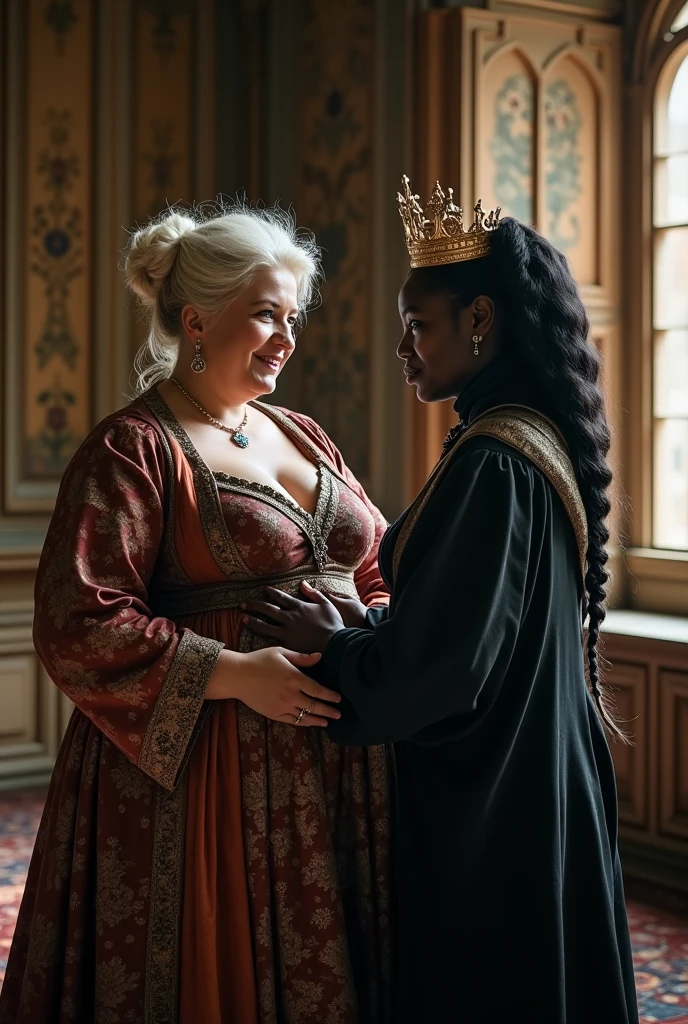 Sex, queen fucking, making love, (best quality), (masterpiece), (hyper real)、very very beautiful (nordic sovereign-queen) blonde woman、cheating queen、[ancient Nordic BC time], [nordic women in classic nordic viking throne hall]、sweaty、(detailed skin)、 Huge　mature Beautiful woman　High level image quality　High resolution　realistic、mature woman、middle-aged women、((big big skin texture、super High resolution、wear skin-colored fabric、realistic、fleshy mommy body type、beauty of top quality cougar、beautiful expression、laughter、arms swaying hair, Very delicate and delicate skin texture、37 yo mature queen woman、(nordic viking throne hall)、women in classic nordic viking throne hall、plunging neckline、sensual red lips、natural heavy mommy milkers, wearing nordic ancient slippers:1.2, I'm wearing queenly feathered red cape, wearing queenly tiara:1.3, BREAK, I'm so stunning & sexy people won't believe I'm a queen-mother of five children, I'm a viking queen and I know I'm going to get gangbanged by my warriors, my face seems to encouragebas if saying: 'come, fuck your sovereign-queen!', BREAK, gangbang, blackedscene, blkd, ((african_nigga)), 1girl cozying up hugging with fat_niggas, fat_nigga smelling 1girl armpits, niggas groping on her, (surrounded with all-nude naked black men), (imminent_gangbang), (imminent_rape), f /2.8, cinematic
