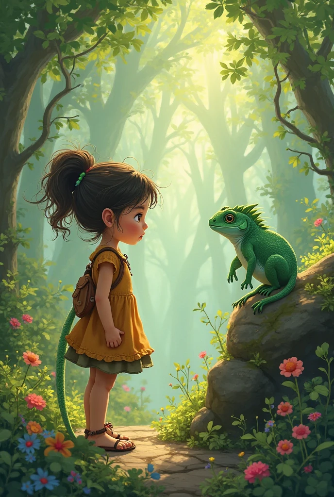 "Painting, girl and lizard, lush fantasy world, whimsical, vivid hues, floating islands, epic adventure, intricate details
