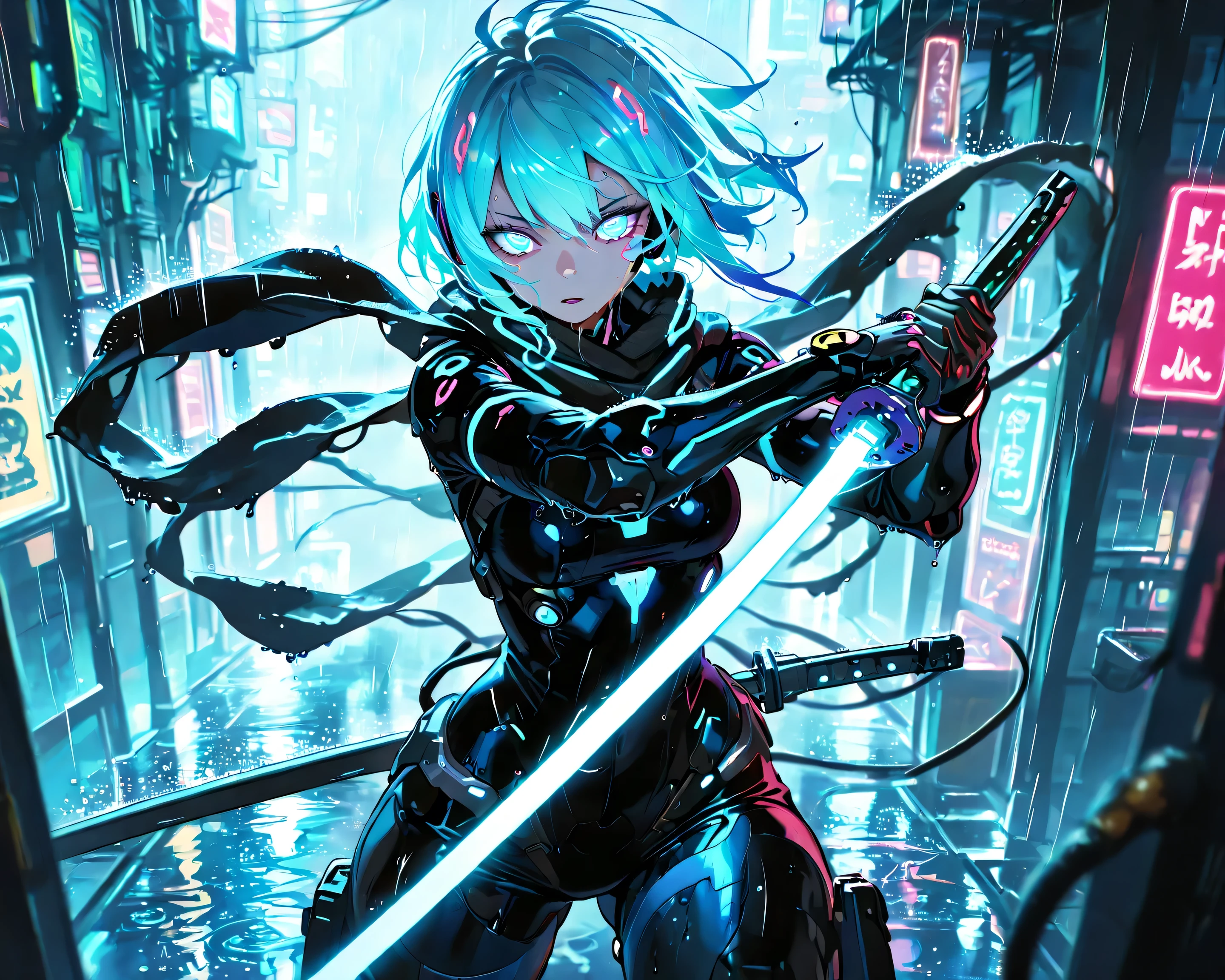 Short blue hair, glowing blue eyes, black bodysuit, android girl, empty expression, wet, long flowing black scarf, night, raining, heavy rain, holding a laser katana, glowing blue neon laser sword, posing with her katana, light glow effect, blue light radiating from her sword, machine city, skyscrapers, neon cyberpunk signs,AddXL,((4k,8k,Ultra HD)),((Masterpiece :1.2)),((Best quality :1.2)),((Detailed :1.5)),((Detailed background :1.5))