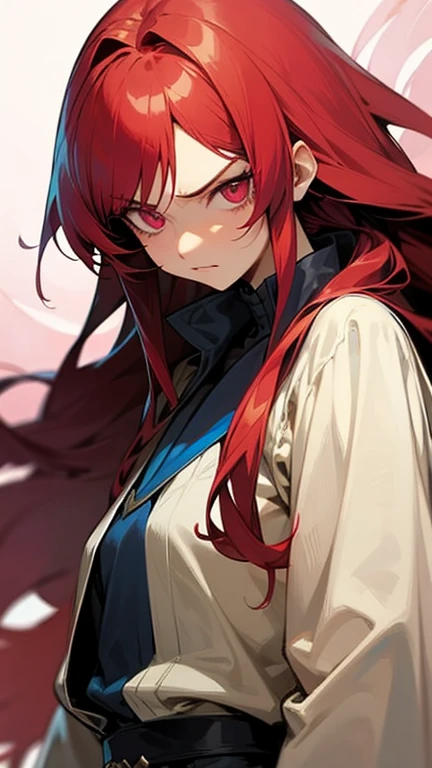 A beautiful Teenage boy standing with his hairs fluttering in wind, his crimson eyes shining in the dark, a slight smirk on his face, Blood red Crimson hair, a hint of seriousness in his face, beautiful detailed face, detailed eyes, detailed anime background,