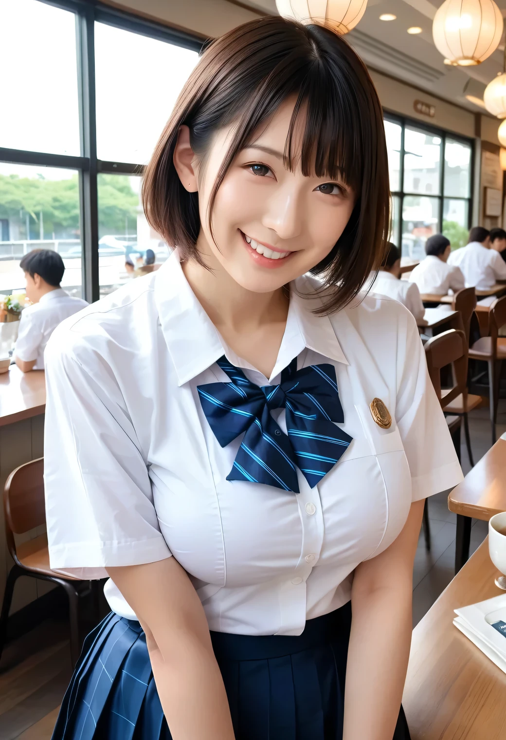 Genuine, nsfw, high resolution image standing on a cloth , masterpiece, top quality , high quality DVD , very detailed, More Information, sharp details, sharp concentration, professional lighting , alone, 1 girl, Young Japanese Women with Butts, max per body, ((dark brown hair,short hair)),active, boyish woman, glamour, Bitch,small head, Xiaoyan,beautiful detailed face, ((soft smile)), ((white shirt,school uniform)), ((Big Breasts:1.4)), front view, Viewer, perfect hand, perfect anatomy,((Cafe, are dating))