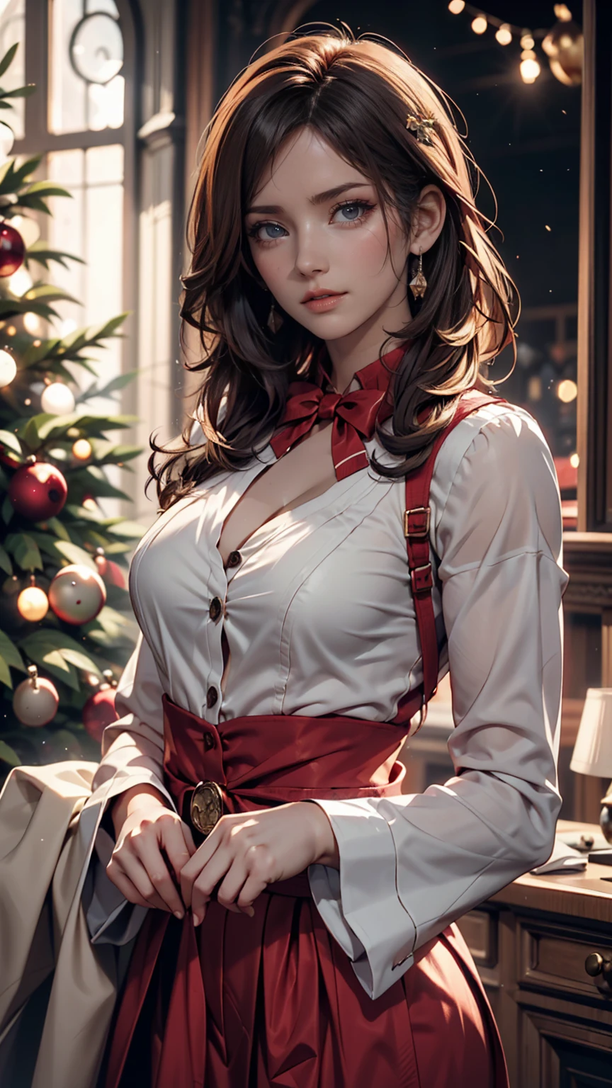 (tmasterpiece:1.2, Best quality at best), actual, (Real pictures, Complicated details, depth of fields), tmasterpiece, Best quality at best, Woman wearing brown plaid coat and skin-colored low-cut dress standing in front of Christmas tree, loose slit jacket, V-shaped bust clothes, Fair and translucent skin, , Crazy expansion, Larger than shoulder blade, Ruddy cheeks