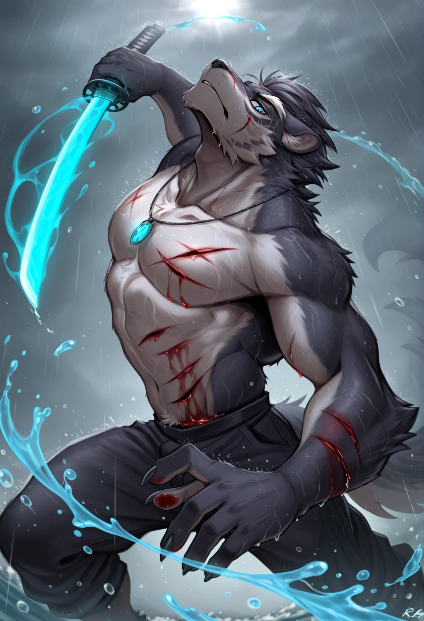 incredibly absurdres,wallpaper,tail,claws,moody lighting,lens flare,side view,looking at viewer,depth of field,detailed,
energy,profile,close-up,collarbone,weapon,(holding katana),dynamic pose,necklace,head tilt,expressionless,perspective,blood,facial scars,the wound was bleeding,gray sky,rain,fighting_pose,water magic,((water drops))((beautiful detailed water)),((floating)),dynamic angle,r4bb1ty
