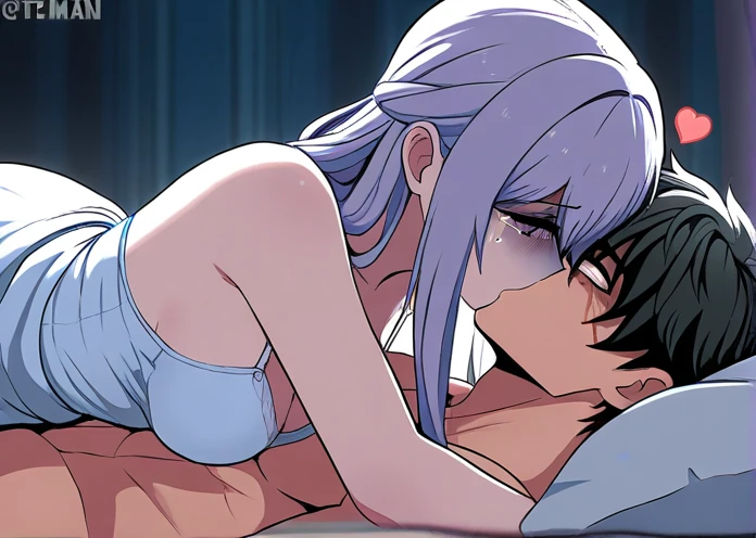 anime,1boy, 1girl, bed, breasts, fat, (fat man grabbing another's hair), medium breasts, nude, long hair,(( sex, sex from behind)), sweat, thighhighs, tongue, tongue out, girl,alice vampire grey hair, long hair, red eyes, pointy ears, small breasts, doggystyle, indoors,
