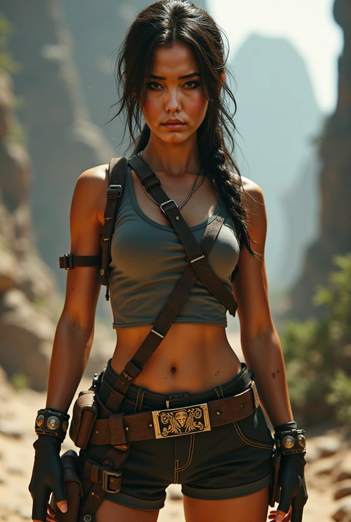 (Highest quality, Ultra HD, 16k, Masterpiece) Lara Croft, the iconic Tomb Raider, strides confidently through rugged, mountainous terrain. The shot is a close-up, capturing the intensity and determination in her eyes. She is dressed in a sleeveless bra top that exposes her curvy hourglass midriff, showcasing her toned physique. Her outfit is completed with micro torn denim shorts that add to her adventurous and rugged appearance.
Her long, brown hair is tied back in a ponytail, allowing her to focus on the path ahead. She carries her signature gear, including a utility belt and holstered weapons, ready for any challenge that comes her way. Her expression is one of focus and resilience, her piercing eyes scanning the rugged landscape as she navigates through the mountains.
The background features towering, snow-capped peaks and rocky terrain, with a serene, almost ethereal quality to the winter landscape. The lighting is soft, capturing the subtle hues of the snow and the gentle glow of the sun over the mountains. The overall composition highlights Lara Croft's powerful presence and the harsh, beautiful environment she inhabits.
This image captures the essence of a lone adventurer standing strong against the elements, exuding strength and determination amidst the tranquil yet formidable landscape.