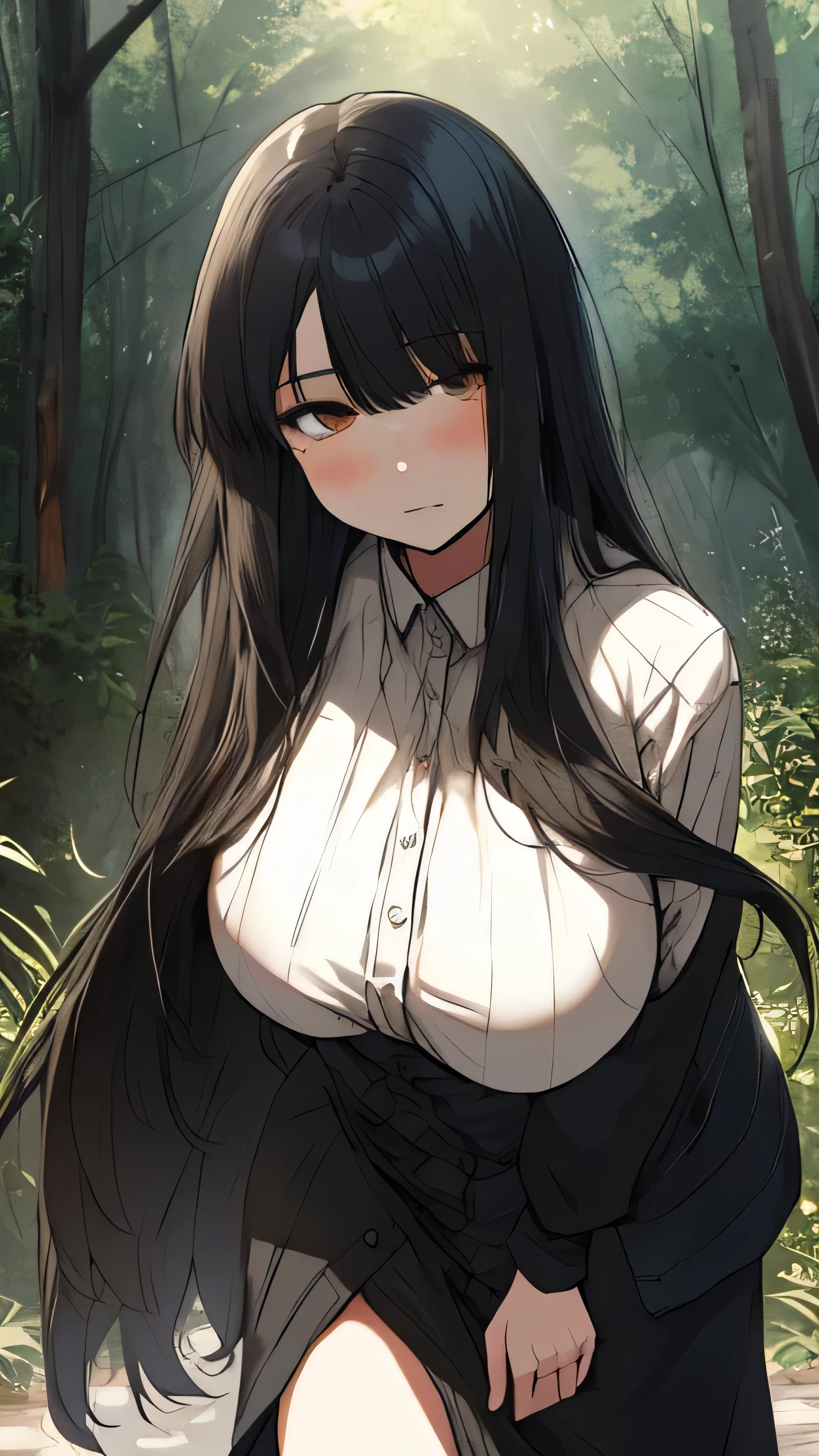 1girl, solo, long hair, black hair, straight hair, very tall, golden eyes, adult, mature, casual modern clothes, fit body, quiet expression, photorealistic, masterpiece, 8K, high quality, hyperrealistic, physically-based rendering, detailed environment, lush nature background, soft warm lighting, intricate clothing folds, expressive eyes, standing