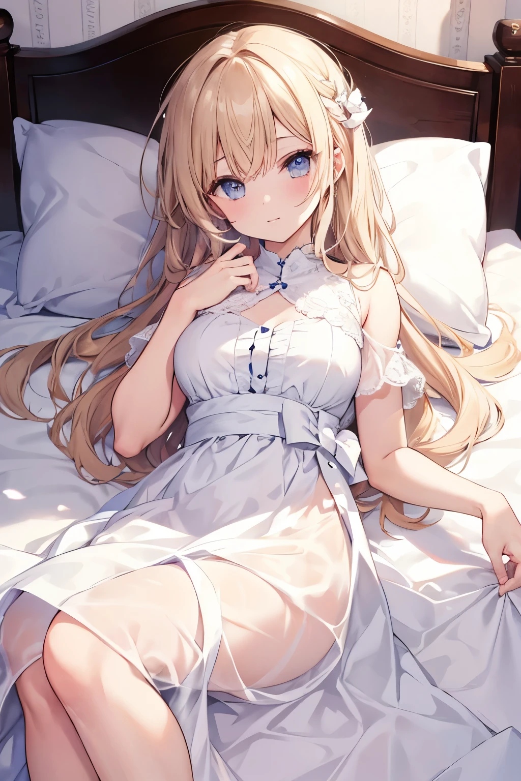 (Cute older sister:1.3)、((Very detailed))、night、Bedroom、On the bed、、Going to bed、Shining night sky、((1 person)),,White camisole