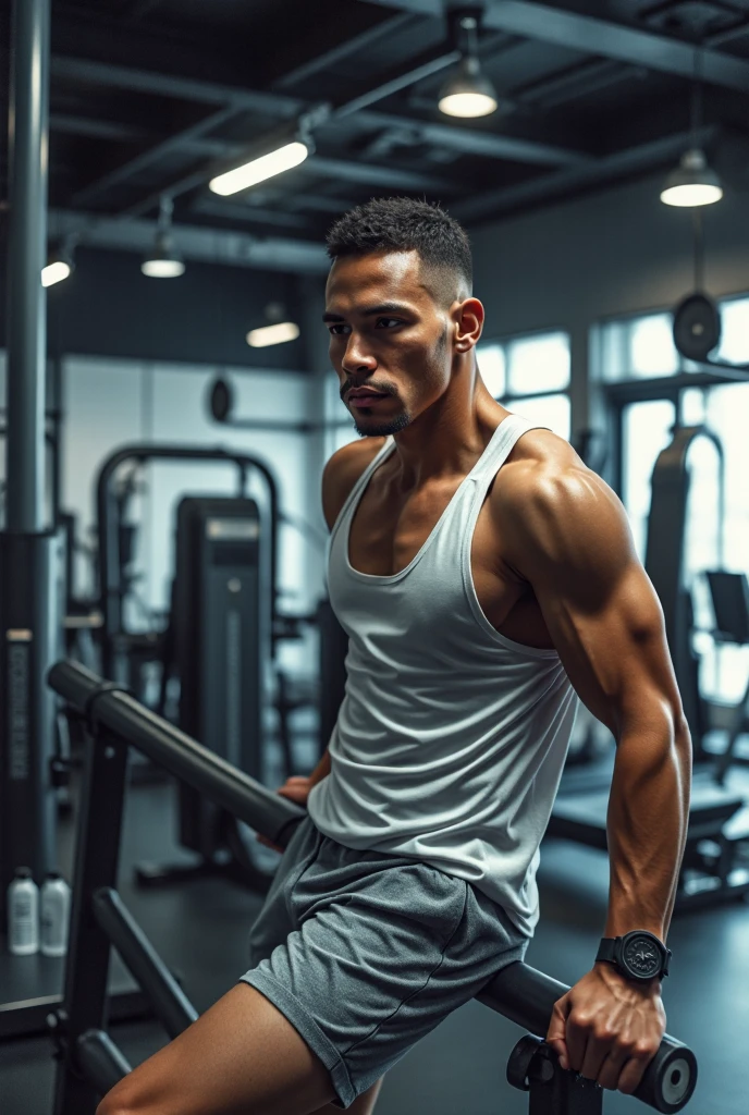 A young Maghrebian man with mixed race skin, 22 years old, shaved with short hair and a goatee, athletic build, photo with a tank top at the gym