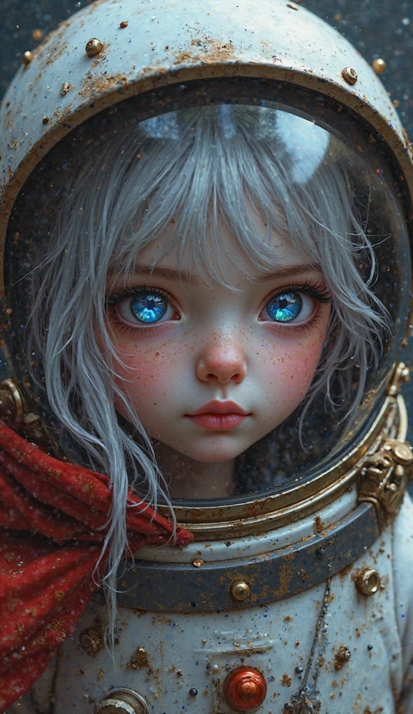 Round Mirror, made of clouds, celestial background, mirror reflects Great Central Sun and a figure of a beautiful hybrid girl, with a very unusual quirky features, like an extraterrestrial being, in the center of the reflection.