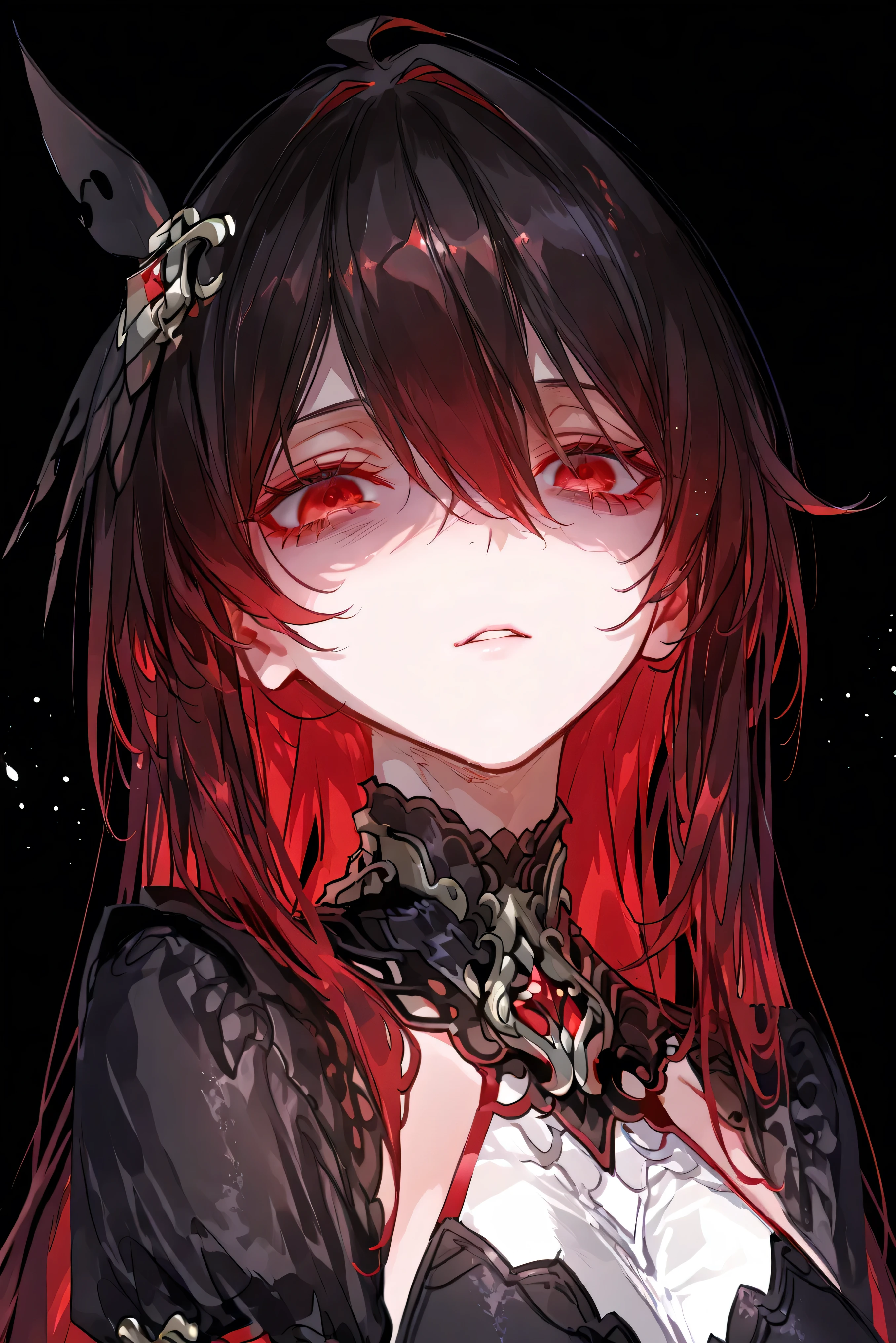 score_9, score_8_up, score_7_up, masterpiece, best quality, very aesthetic, absurdres, tunning image, light particles, attractive image, 1girl, adult grown woman, SeeleVelionaNyx, red eyes, black and red hair, two-tone hair, multicolored hair, colored inner hair, long hair, hair between eyes, ahoge, hair ornament, masterpiece,best quality,amazing quality, pottsness style, 748cmstyle, simple background, black background, shaded eyes, looking at view