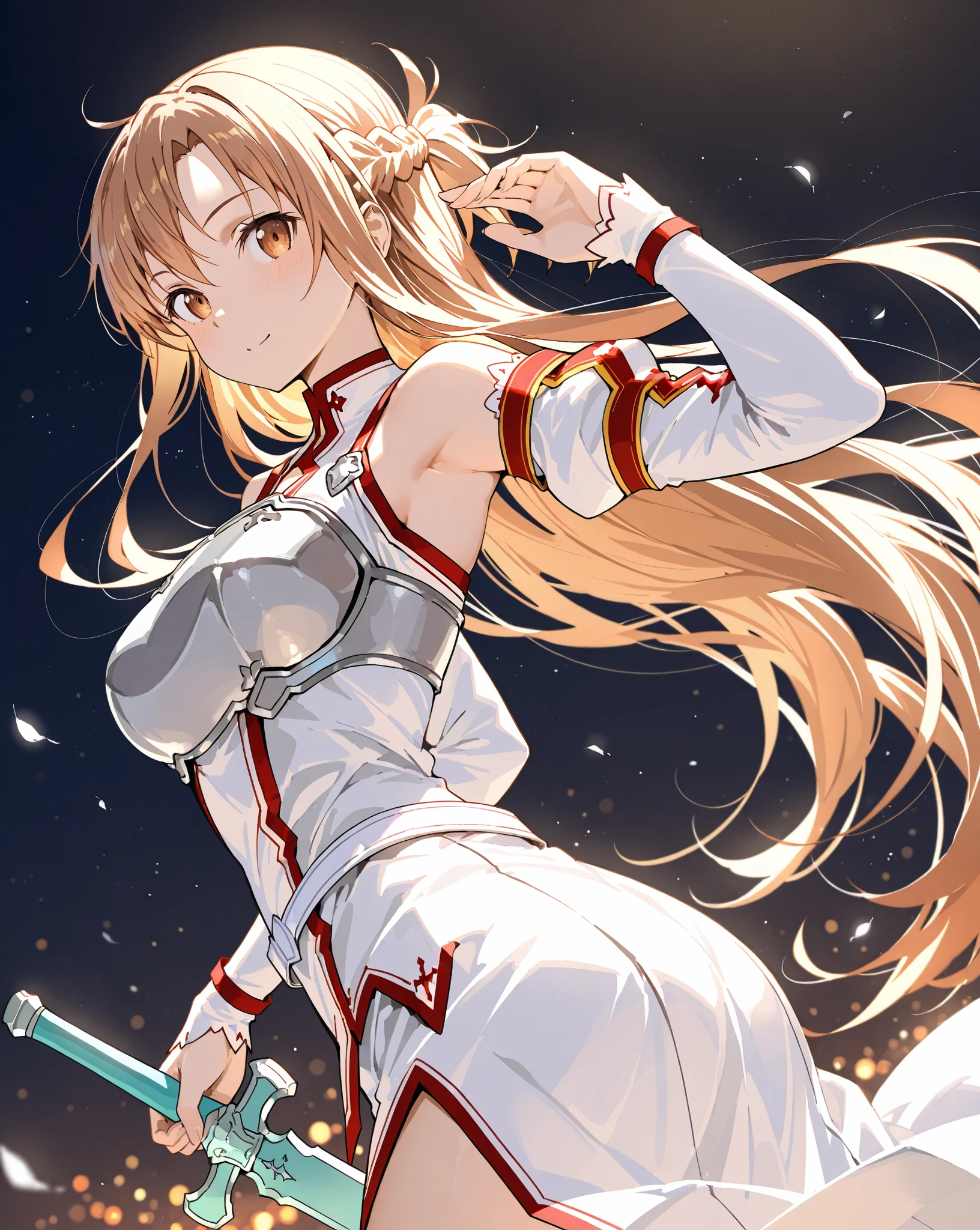 score_9, score_8_up, score_7_up, score_6_up, score_5_up, score_4_up,1girl,nsfw,,covered_nipples, (areola_slip:0.8),asuna_(sao), sword_art_online, brown_eyes, brown_hair, long_hair, very_long_hair, braid, french_braid,armor, armored_dress, breastplate, white_armor, belt, white_belt, dress, white_dress, detached_sleeves, elbow_gloves, gloves, sleeveless, sleeveless_dress, miniskirt, pleated_skirt, red_skirt, skirt, thighhighs, white_thighhighs, zettai_ryouiki,,by the railway,glowing stardust frontground,fantasy,sparkling,fireflies