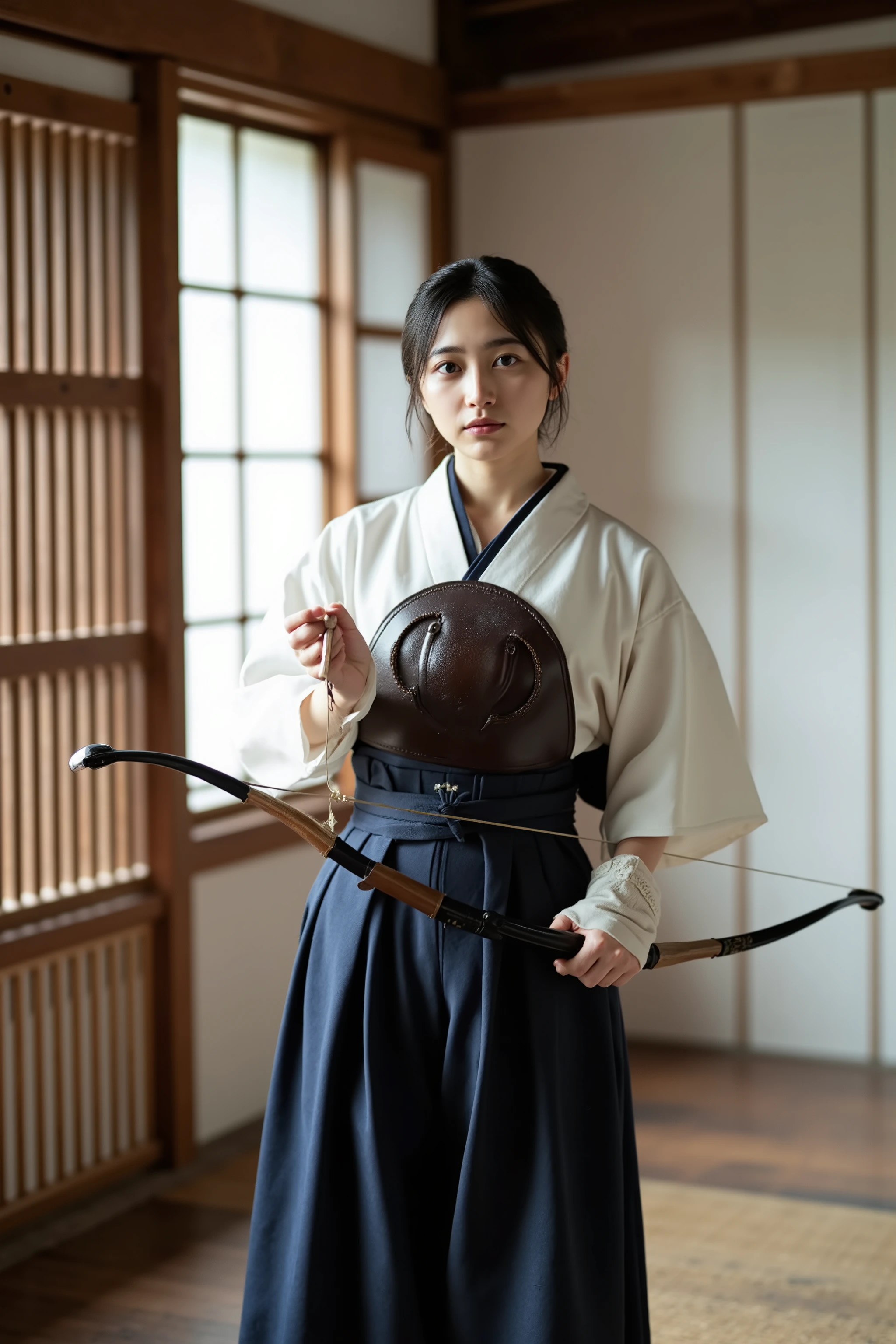 A high resolution photograph of a Japanese young woman in a traditional kyūdō uniform, standing in an authentic kyūdō dōjō (Japanese archery dojo).
She is wearing a white short-sleeved uwagi (upper garment) and a dark navy hakama (pleated trousers), with a kyūdō chest protector (muneate) and a yugake (archery glove) on her right hand.
Her posture is focused and disciplined as she holds a yumi (Japanese longbow), with an arrow carefully nocked and ready to shoot.
The background features traditional wooden architecture and a serene dojo atmosphere, capturing the elegance and precision of Japanese archery culture.
The lighting is natural and soft, emphasizing the calm and respectful ambiance of the scene.
The whole body is reflected from the feet up.
Her hairstyle is black hair tied back, showing her forehead.
The amazing quality, extreme details, intricate details, sharp focus, rich contrast and realistic use of professional lighting techniques make this photograph a masterpiece.