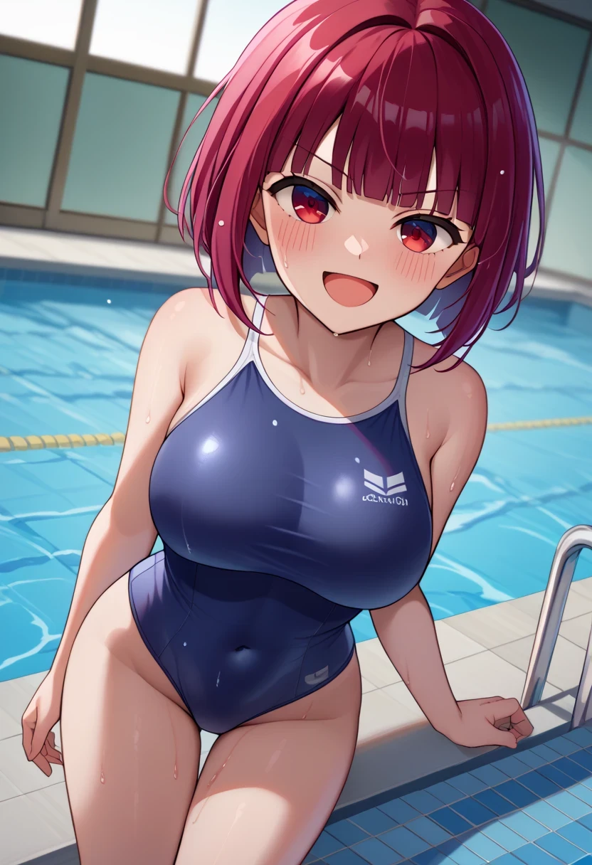 score 9 、score 8 up、score 7 up、source anime、masterpiece、Highest quality、high image quality、high resolution、anime coloring、 1girl 、Arima Kana、、kanarnd、Alone、 red hair 、blunt bangs、Short Hair、bob cut、red eyes、Big Breasts、big breasts、、competition school swimsuit、school swimsuit、trace swimsuit、blue one-piece swimsuit、one-piece swimsuit、swimsuit、wet swimsuit、single vertical stripe、high leg cut、むき出しの肩、Bare Arms、Bare Crotch 、bare thighs、Bare legs、collarbone、covered navel、poolside、pool、splashing、smile、smug、open mouth、blush、looking at viewer、cowboy shot、woman's focus、dutch angle、