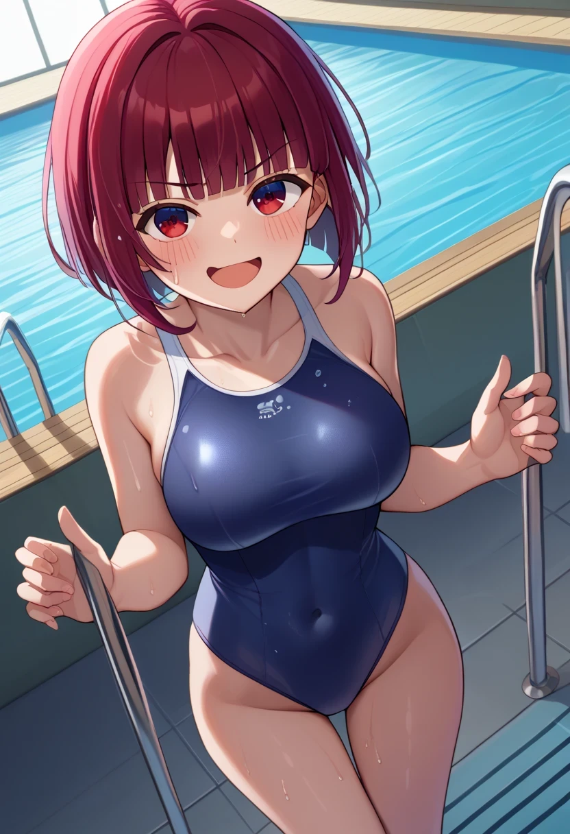 score 9 、score 8 up、score 7 up、source anime、masterpiece、Highest quality、high image quality、high resolution、anime coloring、 1girl 、Arima Kana、、kanarnd、Alone、 red hair 、blunt bangs、Short Hair、bob cut、red eyes、Big Breasts、big breasts、、competition school swimsuit、school swimsuit、trace swimsuit、blue one-piece swimsuit、one-piece swimsuit、swimsuit、wet swimsuit、single vertical stripe、high leg cut、むき出しの肩、Bare Arms、Bare Crotch 、bare thighs、Bare legs、collarbone、covered navel、poolside、pool、splashing、smile、smug、open mouth、blush、looking at viewer、cowboy shot、woman's focus、dutch angle、
