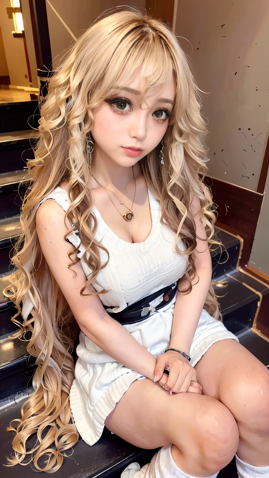 Photorealistic Perfect Body、2people、super high quality、リアルなUltra HD、Ultra HD、(日本people女性:1.4)、(2peopleとの向き:1.4)、( Normal Chest Size :1.5)、Chest Valley、style is good、(high school girl uniform:1.5)、(miniskirt:1.5)、(Look at the socks:1.4)、thin waist、(blonde hair:1.5)、(Curly Hair:1.5)、( perm:1.5)、(Gal Style Thick Eyeliner:1.1)、( long eyelashes:1.1)、(false eyelashes:1.1)、gal makeup in preparation for pregnancy、gal style earrings、long nail art、 gal style bracelet 、(Gal Style Triple Necklace):1.2)、 is sitting on the stairs