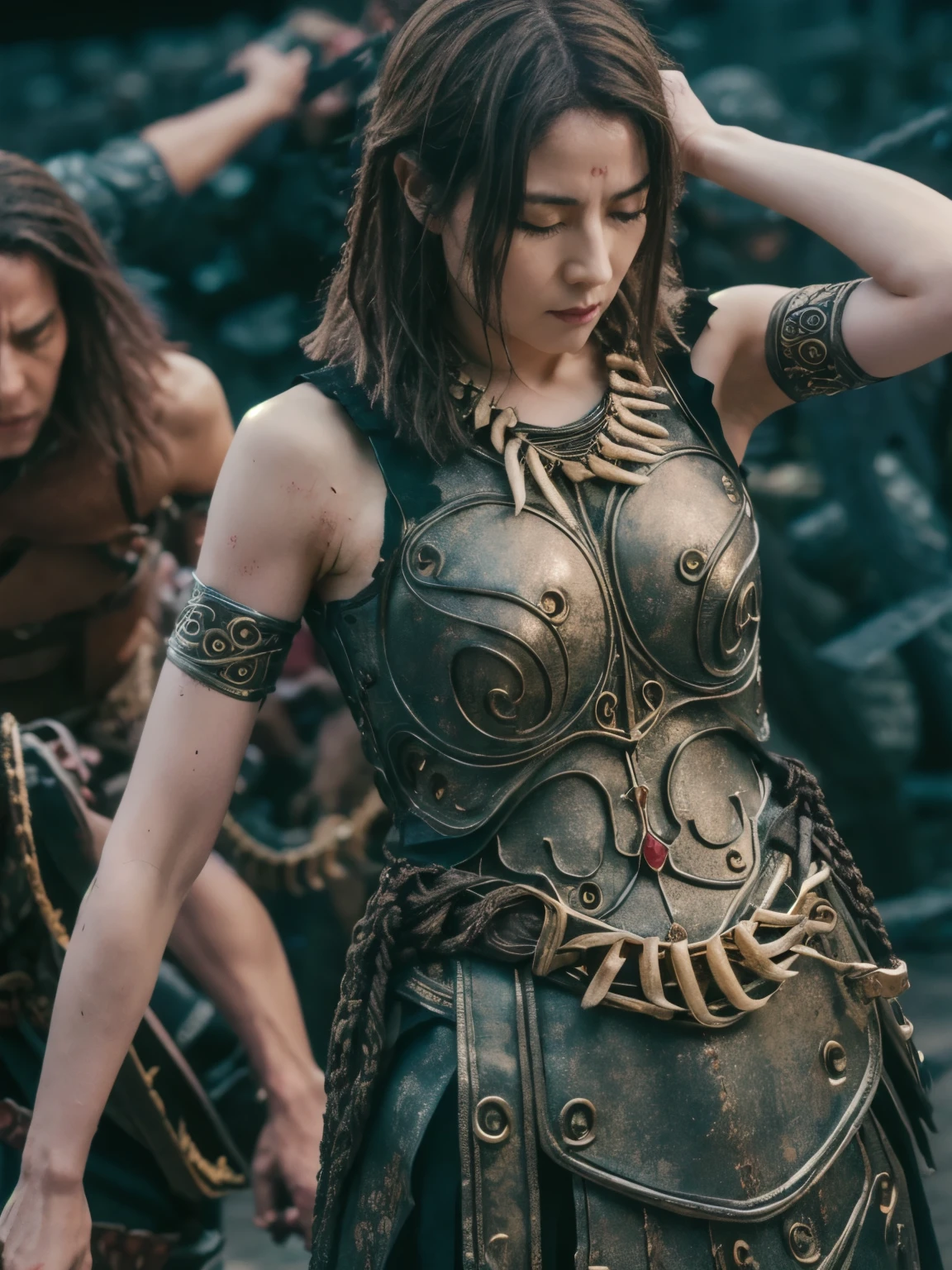 The, injury, damaged, bound by chains, hopelessness , armed curtain, which was lost in battle and captured by a criminal organization, has been pulled up and the silver costume is visible, detailed, chained in a dark chamber, hyper real, photo real, shot on Canon EOS, high image quality, with a belt, closed eyes