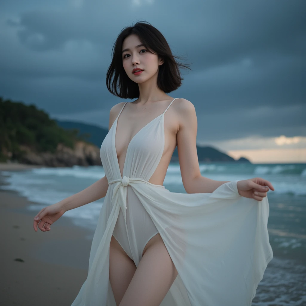 Works of masters,Lai Meiyun,high qulity,Real photos,Elegant woman,Stand on a rock on the beach,The face is delicate,Clavicle chain,Wearing a long floral dress,Cotton lining,Attractive posing,Sideways,posterior view,Sexy buttocks,The background is blurred out,depth of fields,Central symmetry,56mm,F2