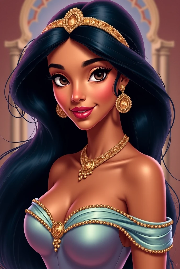 Cartoon rich beautiful villain look filipina mom with a straight hair raising one eyebrow wearing bright pink dress and gold jewelries