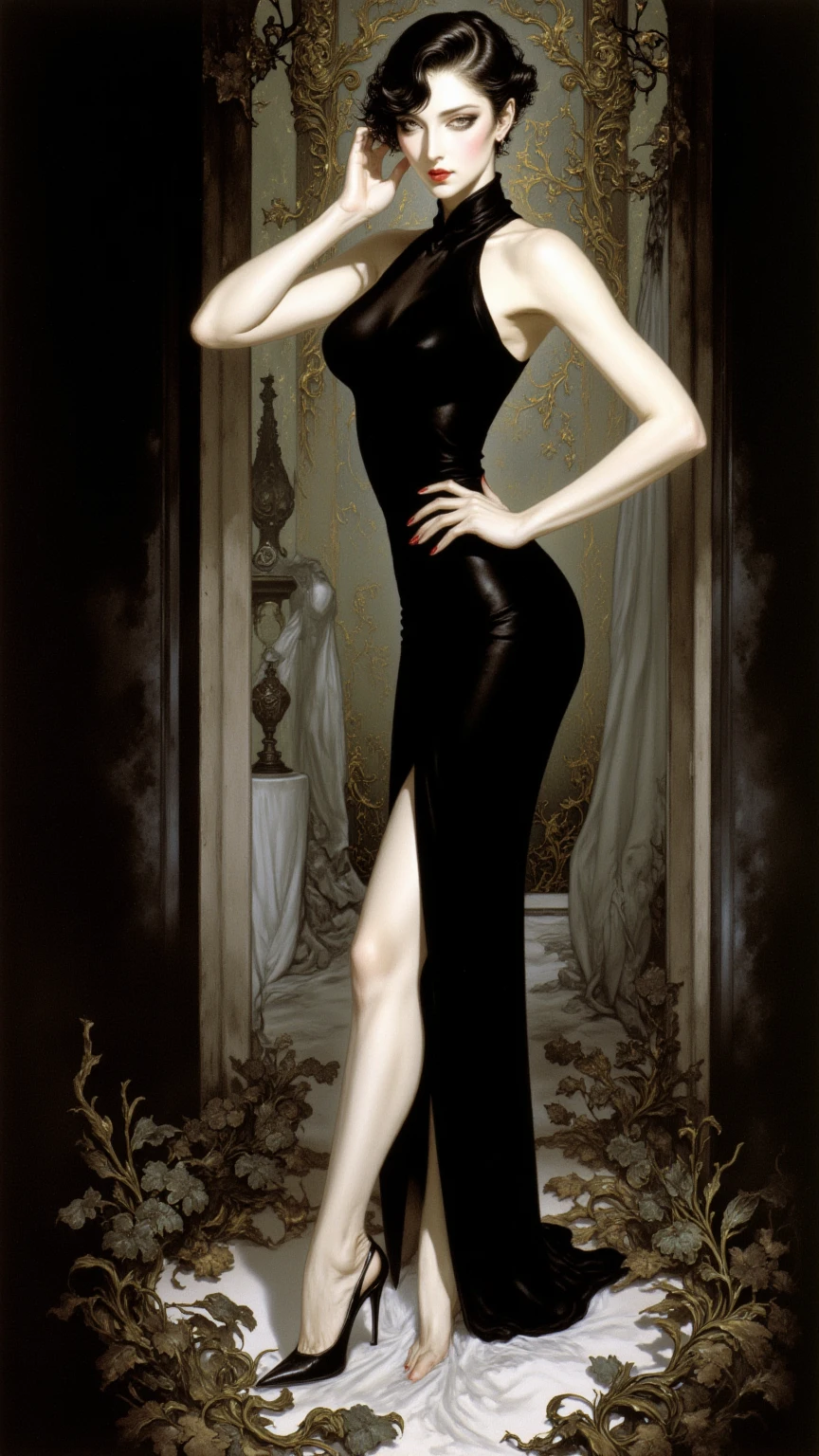 Charcoal sketch of a woman in a tight, satin dress with a deep V-neckline and long gloves, standing in an elegant ballroom, cinematic composition, trending on ArtStation.