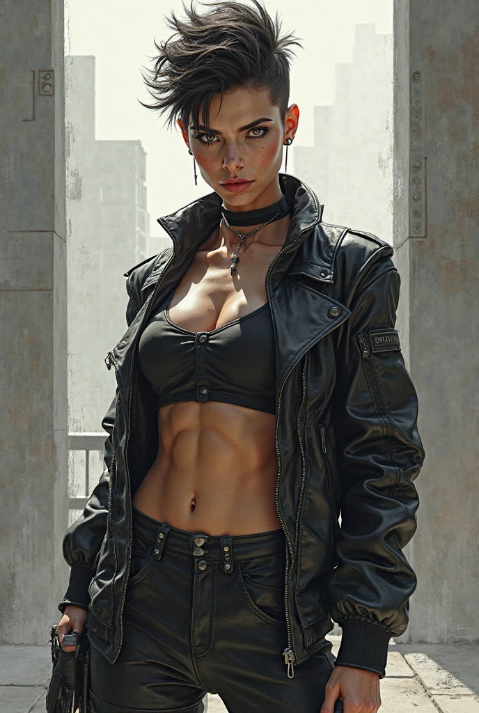 (masterpiece), (extremely intricate:1.3), (realistic), muscular bodybuilder girl, ((short undercut (([blonde hair:dark hair:0.2], [flat chest:large breasts:0.8], upper body, makeup:1.5, black leather jacket, leather pants, loose white t-shirt)), tattoo:1.2)), outdoors, intense sunlight, ((cyberpunk street)), professional photograph, sharp focus, dramatic, award winning, cinematic lighting, volumetrics dtx, (film grain, blurry background, blurry foreground, bokeh, depth of field, sunset, interaction), 8K