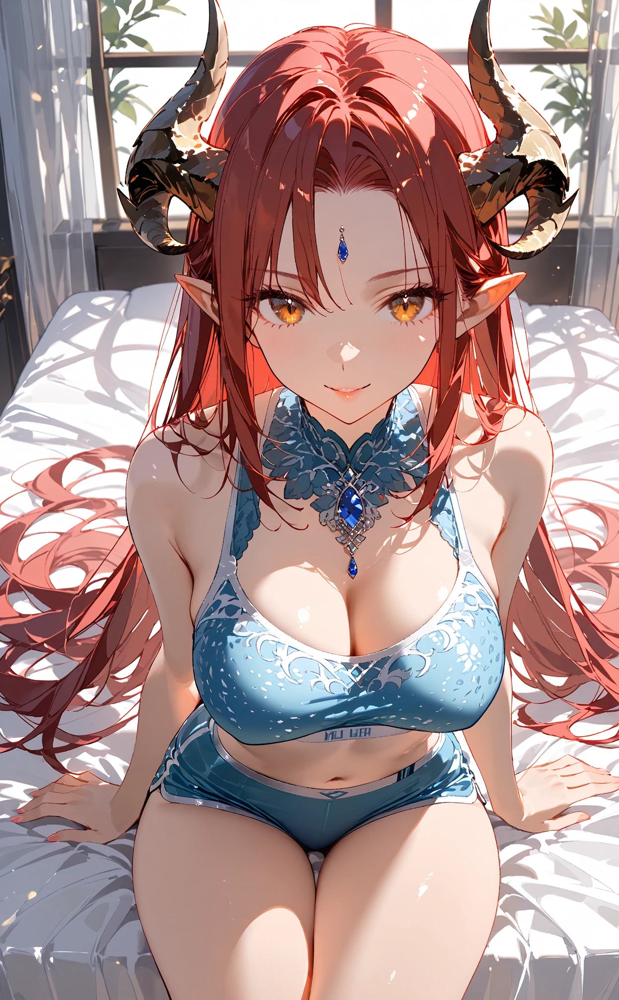 (masterpiece, best quality), best quality, best resolution, (ultra-detailed), (4heads:1.5), 1girl, (sekibanki:1.3), masterpiece, best quality, purple top, crop top, ((stomach)), midriff, ((groin)), red skirt, normal ears, shackles, red hair, very long hair, wavy hair, sidelocks, red eyes, parted lips, single horn, sweat, cute, toned belly, hand on own chest, eyelashes, (23 year old woman:1.3), (masterpiece:1.4), (best quality:1.4), (beautiful detailed extremely detailed CG, extremely delicate and beautiful, depth of field, (finely detailed face), (perfect details:1.1), (mature female:1.3), wide pelvis, slender, large veiny breast, 8k resolution, high quality, high definition, extremely detailed, masterpiece, best quality, red hair, long hair, alluring presence, braid, short skirt, close up, big tits, young, striped, hair ornament, blue ribbon, hair bow, 