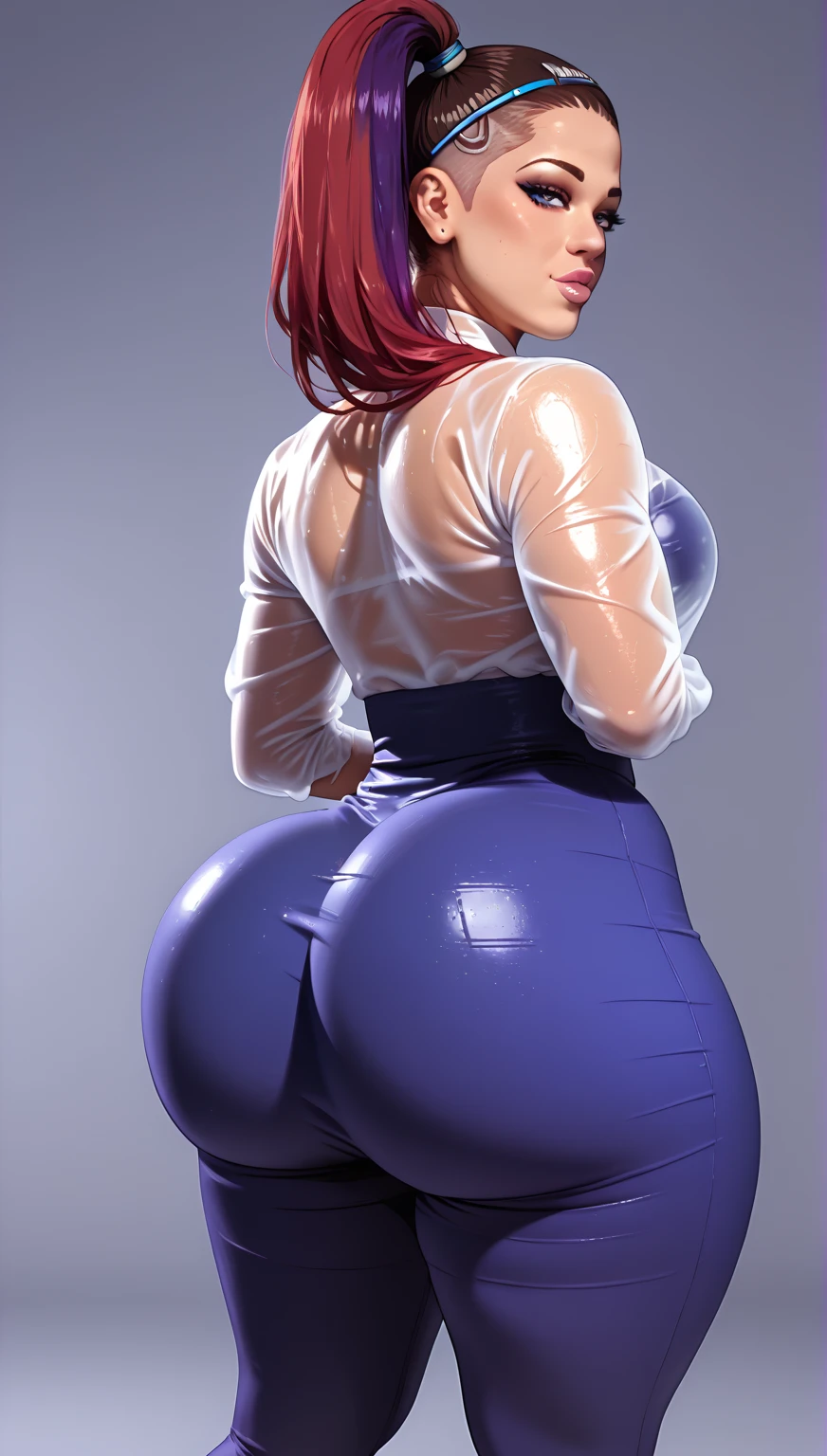 (photorealistic:1.4), (masterpiece, sidelighting, finely detailed beautiful eyes: 1.2), masterpiece*portrait, realistic, 3d face, good photo, 4k, high quality, high resolution, hyper detail, realistic, reality, smooth graphics, realistic sexy wears, 3D, best resolution, sexy, good contrast, perfect shading, realistic skin texture, finely detailed, dramatic lighting, realistic lighting, amazing shadows, sexy and hot, huge breasts, huge butts, thicc thighs, everything she wears is tight, shiny and skinny, , shiny hair, extreme shiny skin, tight skinny shiny latex long pants, lying on stomach, back view