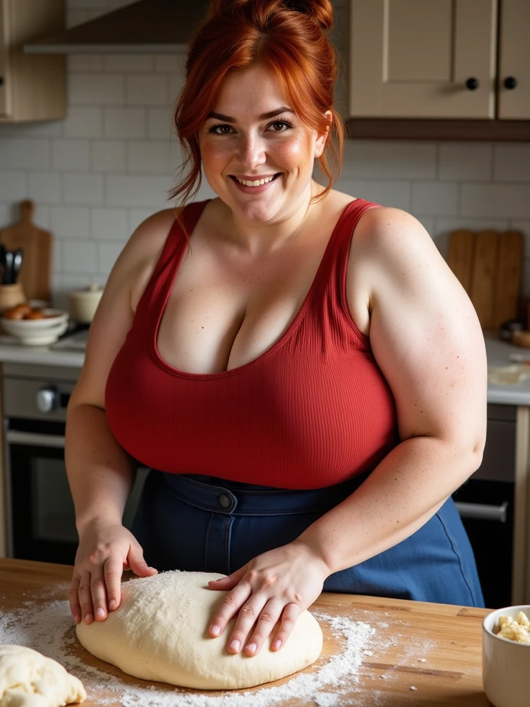 Reminiscent of Evan Rachel Wood, a fifty-year-old woman, with a tall and hefty build, large breasts, bun for hair, the ideal amount of chubbiness, wearing a short naked apron, cooking mommy, cooking mama, cooking apron, being overweight, and squinting, she is a master of quality. Working in the kitchen, wearing a naked apron, full body portrait, and the scene is incredibly detailed, busy in cooking, in kitchen room,
