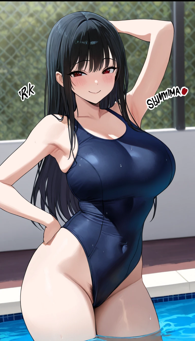 (high quality:1.1), cinematic lighting, sharp focus, 1girls ai_generated alternate_breast_size black_hair blue_eyes breasts female large_breasts lewisai light-skinned_female one-piece_swimsuit outdoors outside patreon_logo patreon_username ssss.gridman swimsuit takarada_rikka thick_thighs watermark