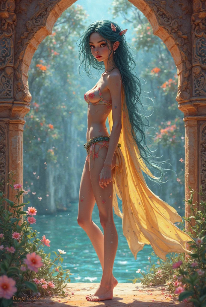 una pintura de una mujer con el pelo largo y ondulado, plumeria design t-shirt, arte digital inspirado en Cyril Rolando, tendencias en la sociedad CG, digital art fantasy, vistoso digital fantasy art, maravilloso arte digital, hermoso arte uhd 4k, exquisite digital illustration, obra maestra, foto de cuerpo completo, black and brown hair, pelo largo estilo afro, Agua real, Bathing in a river pond, Arte extremadamente detallado, Rubor, agua corriendo por el cuerpo, small breasts, Piernas abiertas, sexual excitement, sexual expression, piel brillante, intrincado, elegante and muy detallado digital photography, pintura majestuosa y surrealista, Filigrana de mariposa dorada, hermosos ojos finamente detallados: 1.2), HDR, (obra maestra), Mejor calidad, ojos expresivos mirando por el rabillo del ojo, cara perfecta, retrato de una bella diosa con pelo afro, pelo largo en trenzas y afro, piel morena latina, intrincado digital photography, elegante, muy detallado,(Detailed background window to a new dimension, Plantas y flores: 0.7) cielo nocturno con luna llena, muy detallado face and body, cinematic lighting, fotorrealista, 1 chica, 18 years, dark brown eyes, Ojos grandes, Labios rosados, bald pussy, bien iluminado, hermoso y estetico: 1.2), (Arte Fractal: 1.3), vistoso, Beautiful goddess emerging from the ocean, cuerpo femenino completo, Olas salvajes, grandes olas, tatuajes de mandala oriental, vestidos transparentes fusionados con el mar, cielo tormentoso, cielo del atardecer, nubes de tormenta rojas, Antiguo templo flotando en el mar, Viejo reloj flotante, lamp, linterna, Hermosa chica con una leve sonrisa, bosque, Flores y rosas, vagina visible, sin bragas, ((Sitting on a marble pedestal)), vista frontal, magia, world of The Lord of the Rings, cascada, mandala and flower tattoos on cuerpo desnudo, dedos de los pies sumergidos en el agua, cielo mayormente nublado (muy detallado CG unity 8K wallpaper), senos expuestos, desnudos,, cuerpo desnudo,