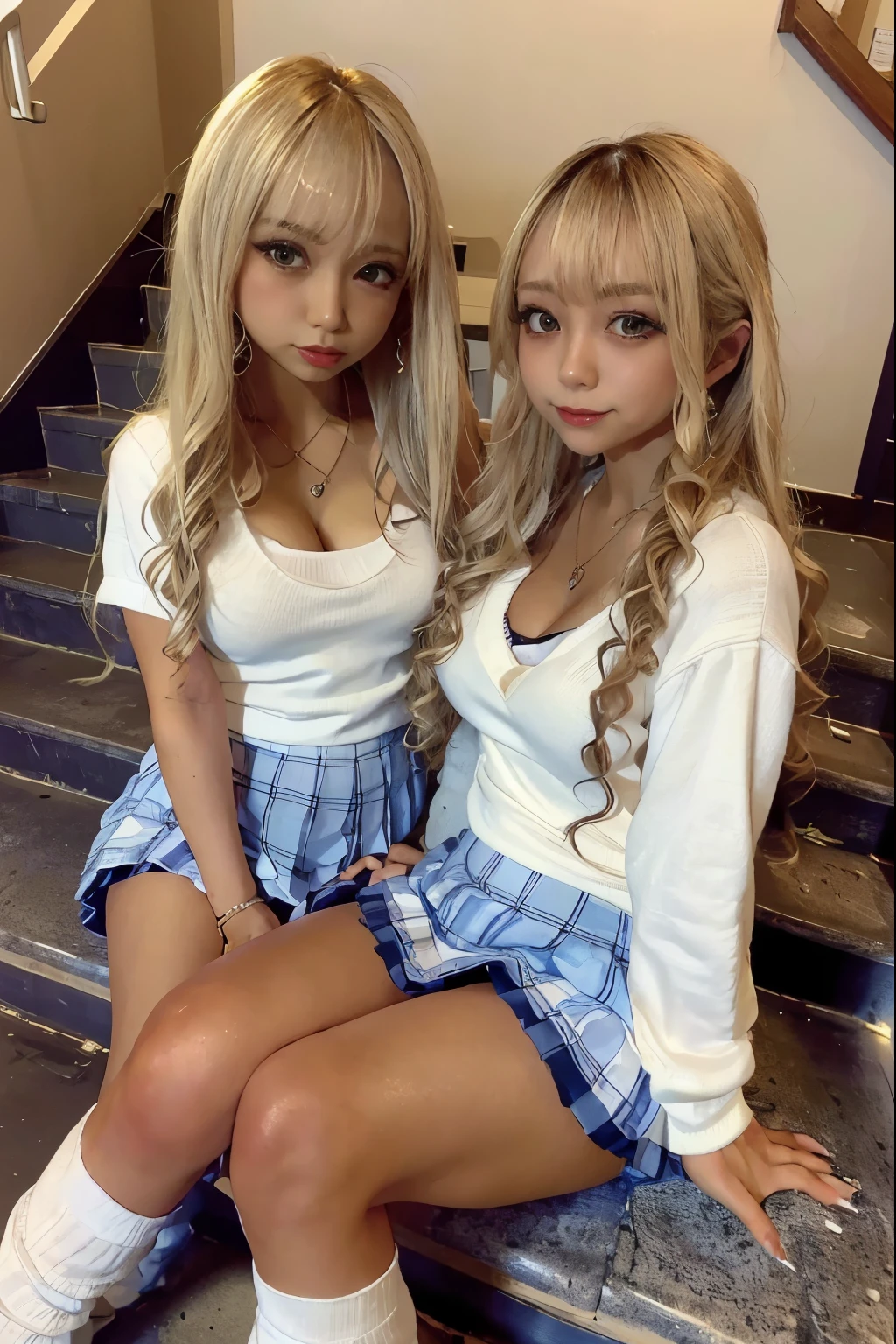 Photorealistic perfect body、Ultra-best image quality、Realistic super high quality、ultra high quality face、(Japanese women:1.4)、(with two girls:1.4)、(Normal chest:1.5)、(Cleavage:1.5)、(Schoolgirl Uniform:1.5)、( Ultra mini skirt:1.5)、(look at the socks:1.4)、Tight waist、medium breasts,(Blonde:1.5)、(Curly Hair:1.5)、(Perm Hair:1.5)、(sleek bangs)、(Gal style thick eyeliner:1.1)、(Long eyelashes:1.1)、(False eyelashes:1.1)、Gal-style makeup、Gal-style earrings、Gal style bracelet、(Gal-style triple necklace:1.2)、Sit on the stairs、Spread your leg-shaped legs