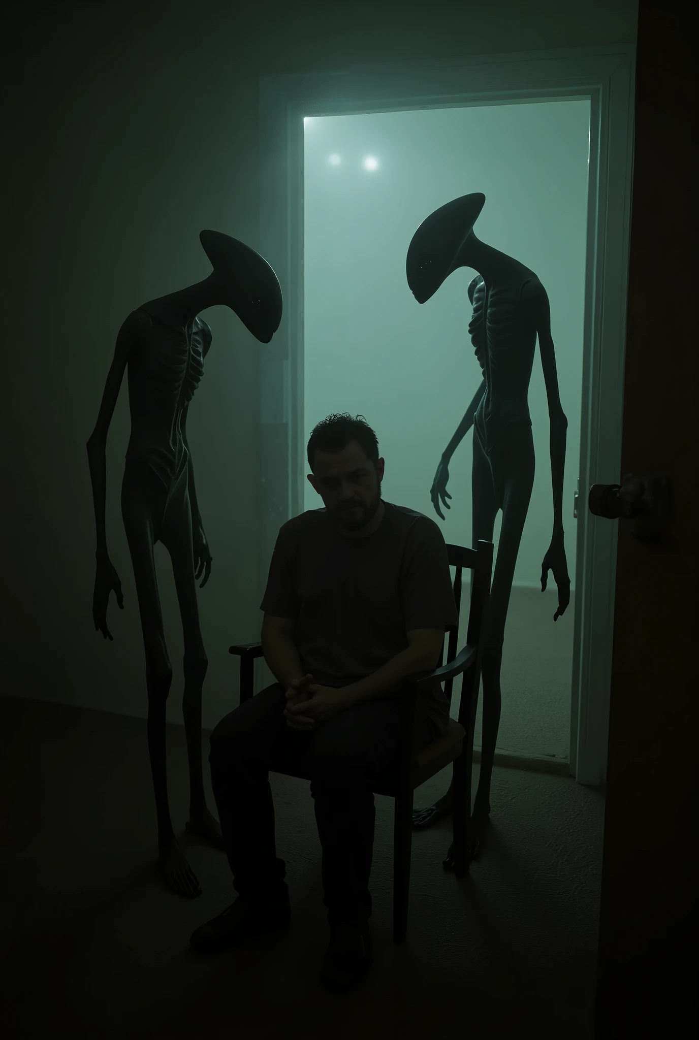 A dimly lit room with three tall, slender, elongated humanoid figures, presumably aliens, standing around a seated adult human individual. The aliens have large, dark eyes and an elongated head. The seated individual appears to be in a state of distress or deep thought. The room has a foggy ambiance, and the aliens appear to be interacting with or observing the seated individual.  cinematografic
