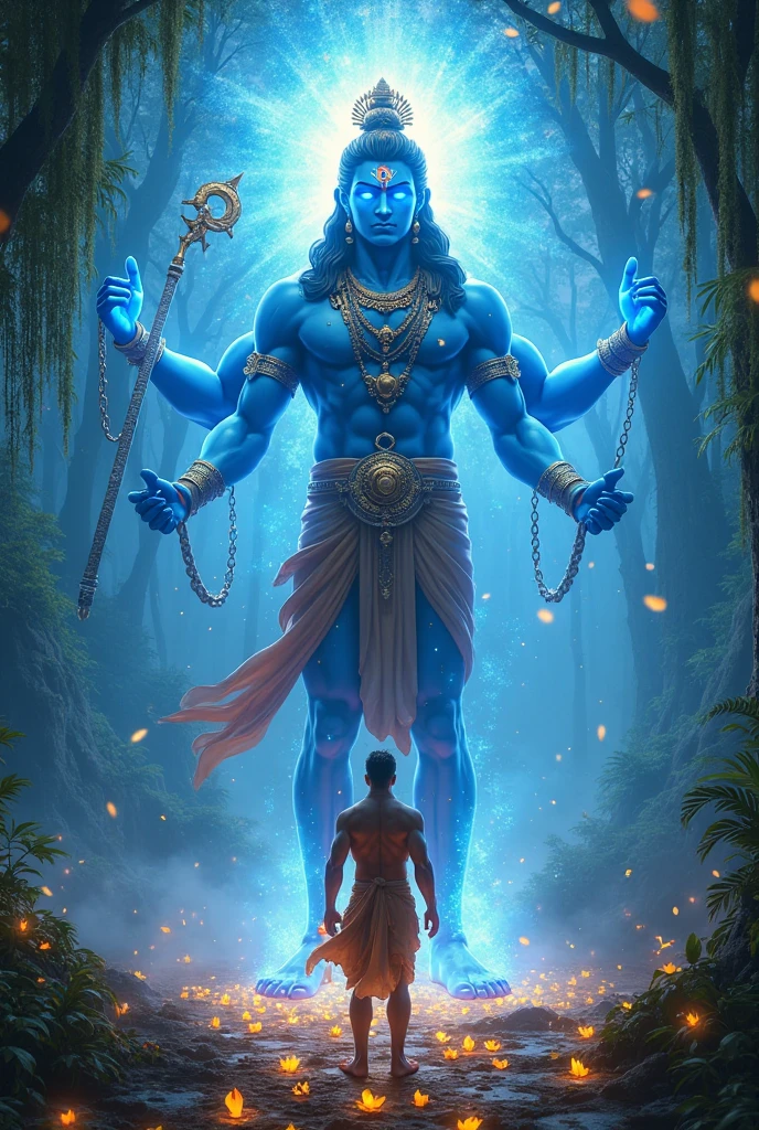 Create a 3D image with Lord Shiva, where a person is worshiping and receiving blessings from him. The entire image should be vibrant yet in a dark mood.