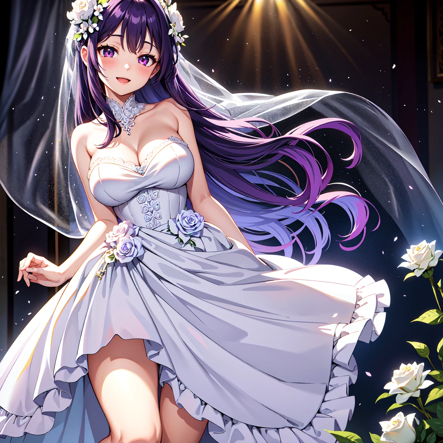 masterpiece, best quality, 1 girl, <lora:caren_v1:0.5>, hmca1, purple hair, mole under eye, dress, necklace, idol, bare shoulders, white gloves, medium breasts, (see through:0.9), blush, light smile, hands behind back, cowboy shot,
