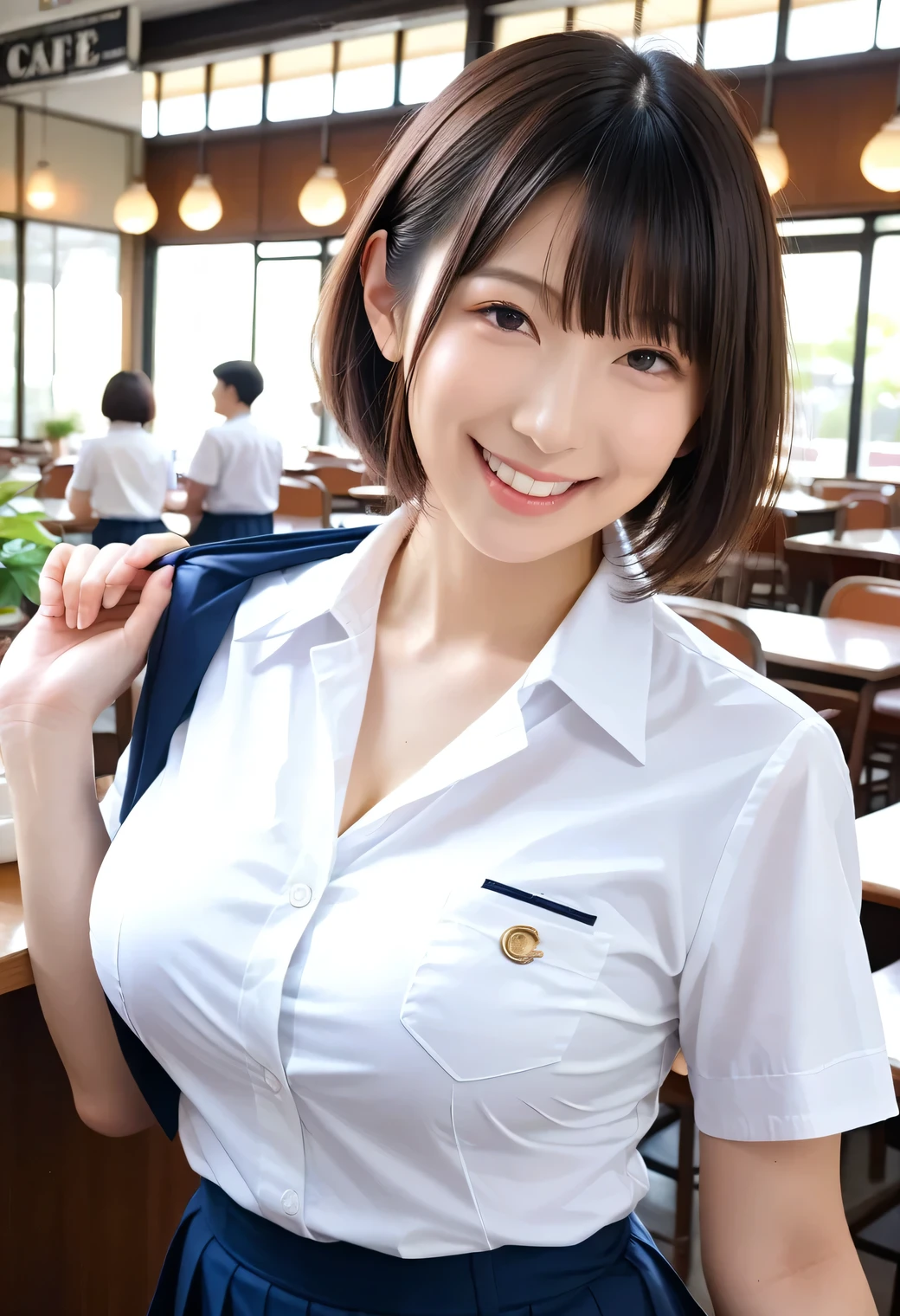 Genuine, nsfw, high resolution image standing on a cloth , masterpiece, top quality , high quality DVD , very detailed, More Information, sharp details, sharp concentration, professional lighting , alone, 1 girl, Young Japanese Women with Butts, max per body, ((dark brown hair,short hair)),active, boyish woman, glamour, Bitch,small head, Xiaoyan,beautiful detailed face, ((soft smile)), ((white shirt,school uniform)), ((Big Breasts:1.4)), front view, Viewer, perfect hand, perfect anatomy,((Cafe, are dating))