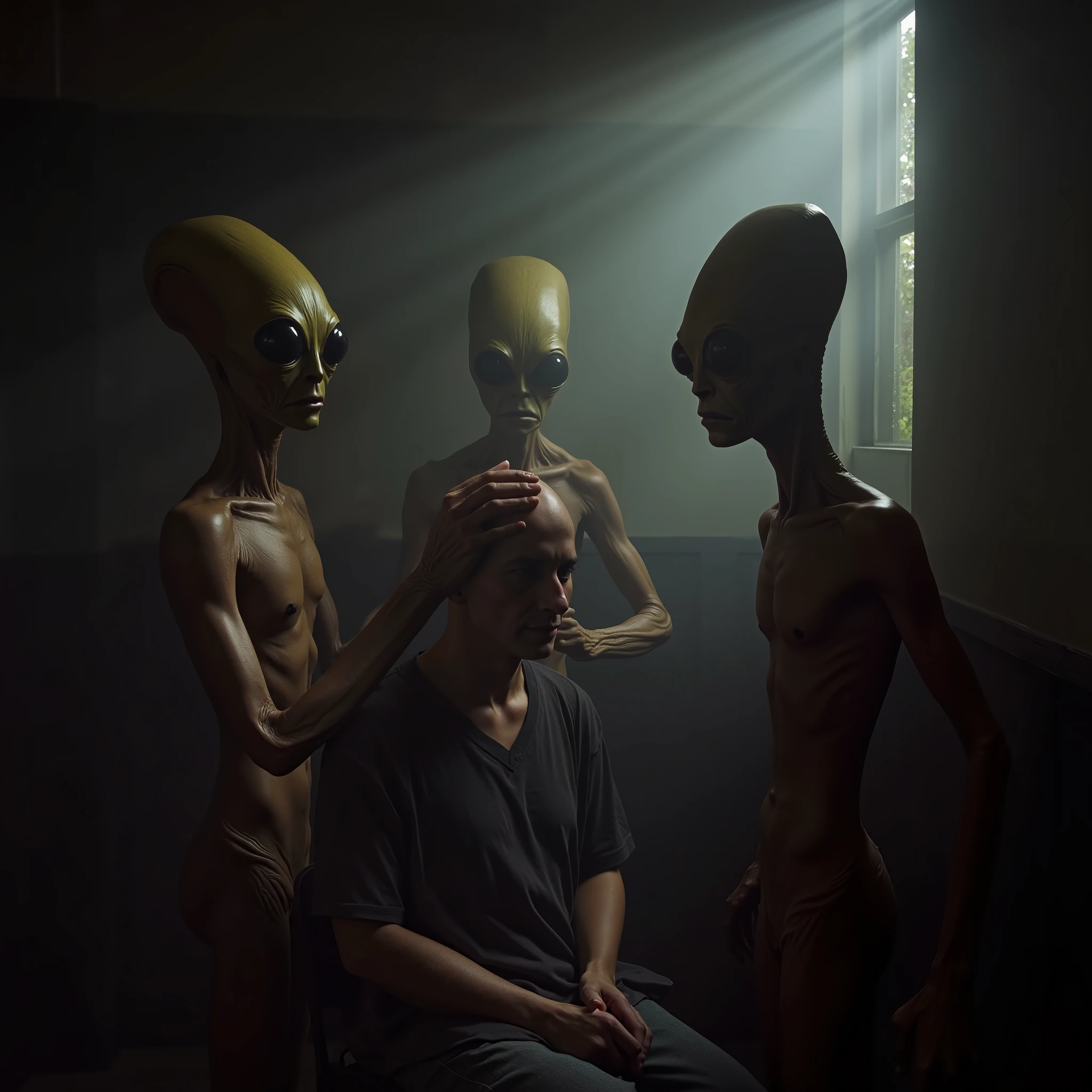 A dimly lit room with three tall, slender, elongated humanoid figures, presumably aliens, standing around a seated adult human individual. The aliens have large, dark eyes and an elongated head. The seated individual appears to be in a state of distress or deep thought. One of the aliens has his hand on the individual's head as if sucking the energy from the individual's mind. The room has a foggy atmosphere, and the aliens appear to be interacting with or observing the seated individual.